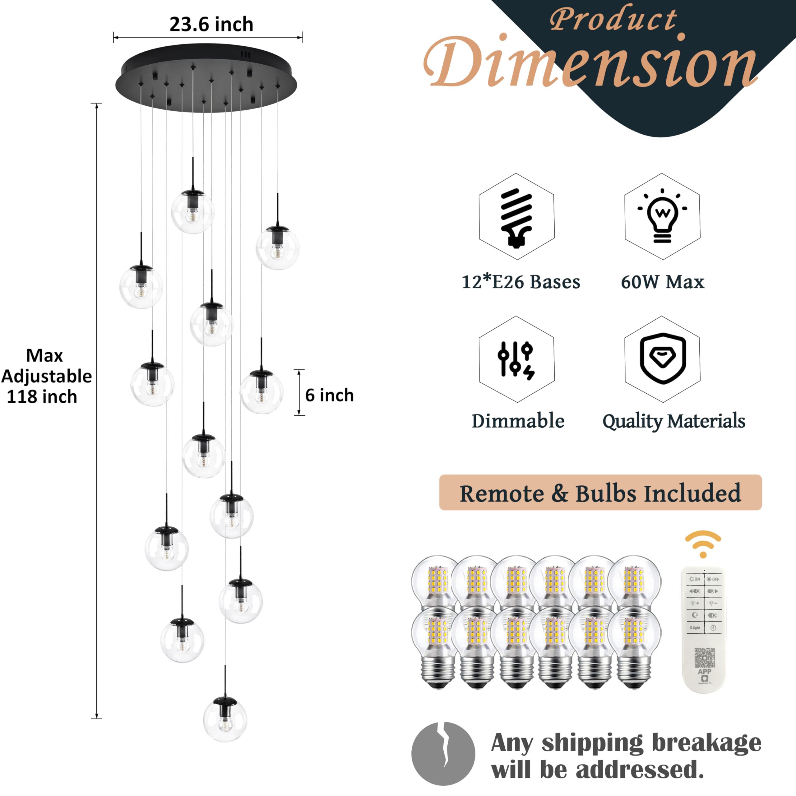 Koko&Yukina 12-Light Black Mid Century Modern Chandelier For Living Room Staircase Chandelier For Entryway Clear Globe Glass Cha