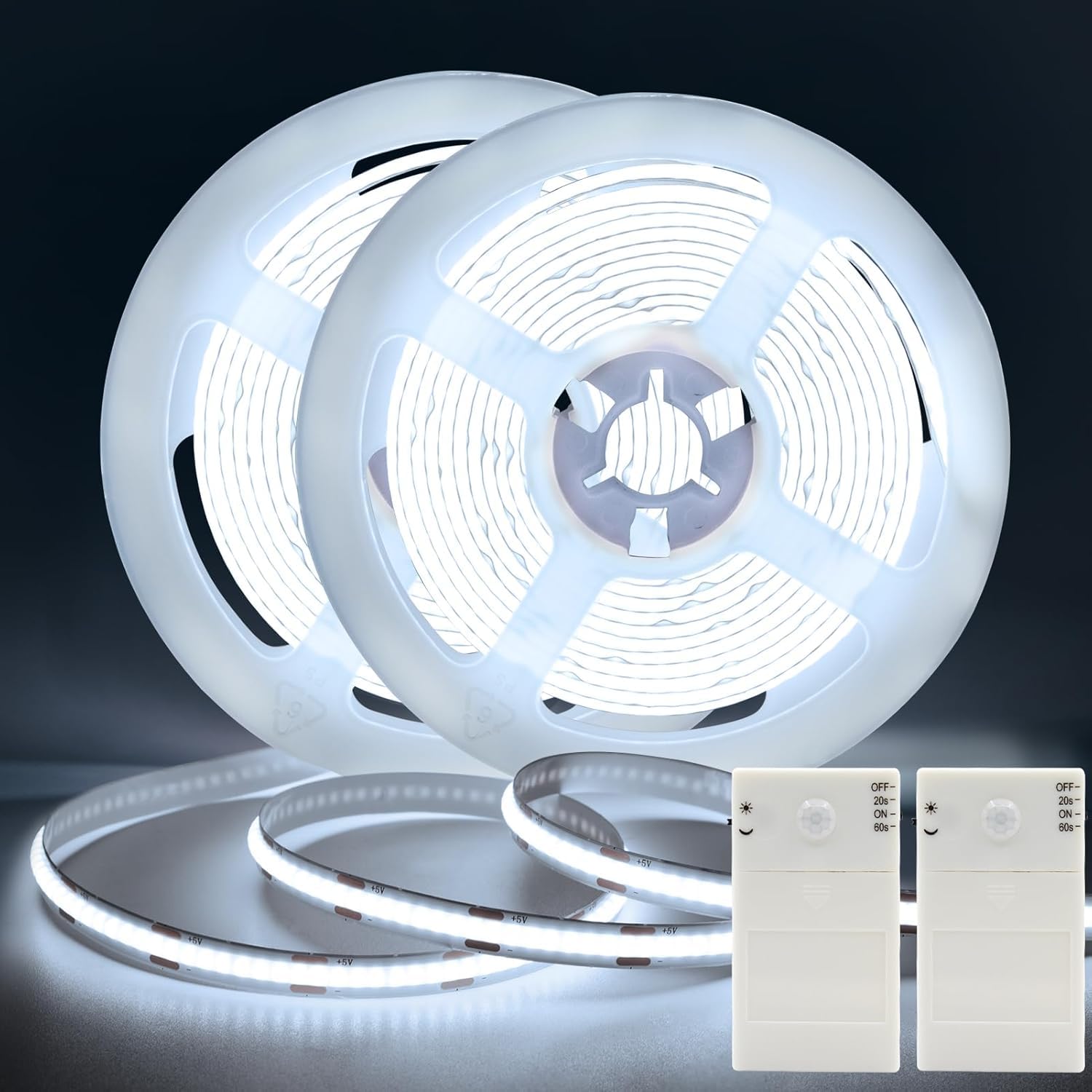 DBFAIRY 2 Pack COB Motion Sensor Band Light Battery Operated  6.6Ft 640 LED Cabinet Band Lights High Bright with Sensor Lighting Mode for Wardrobe Stair Pantry Counter Cabinet Bed 6000K White