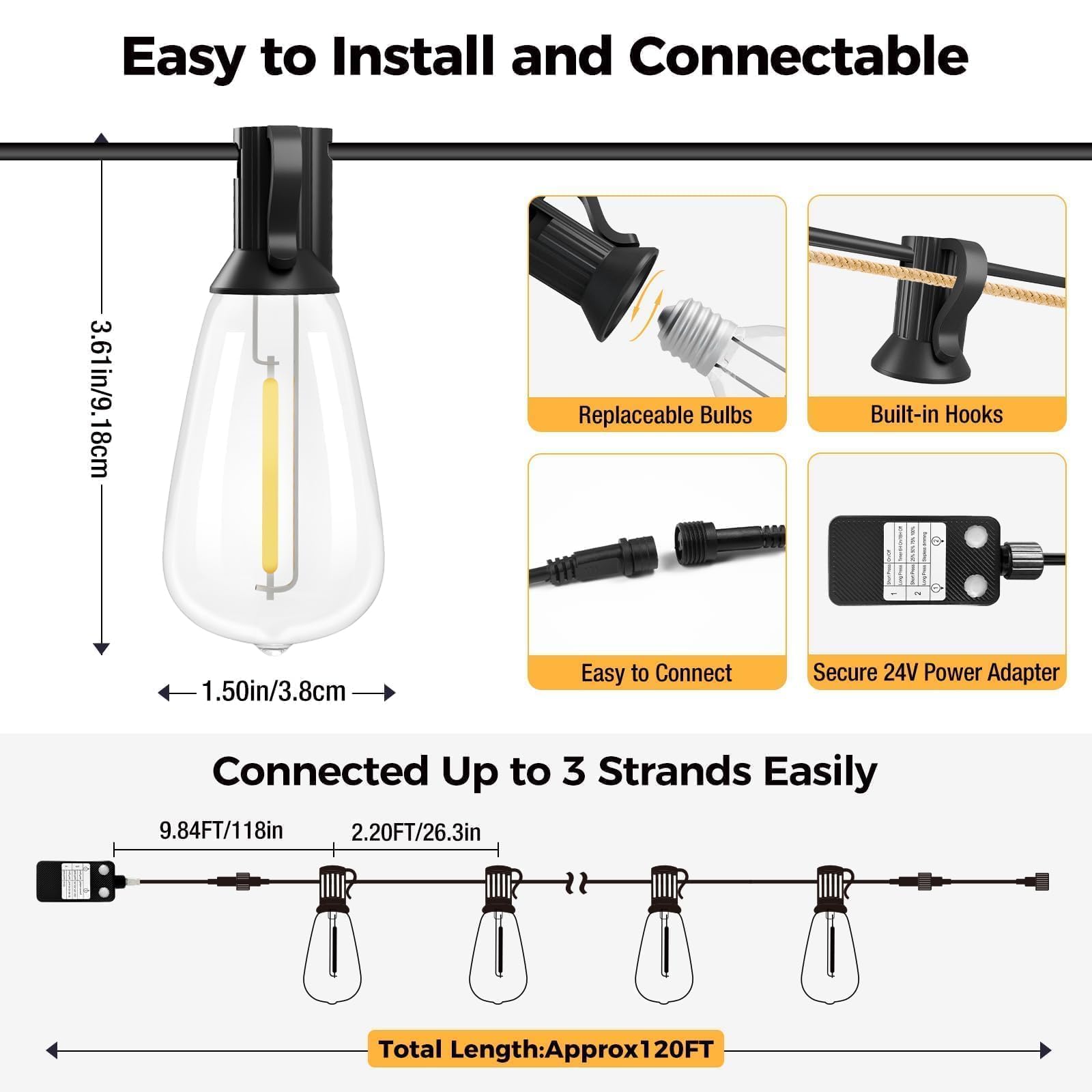 litogo LED Outdoor String Lights, 120FT, Warm White, Waterproof with Dimmer and Timer, Vintage Edison Bulbs, Model LTO38-116-1