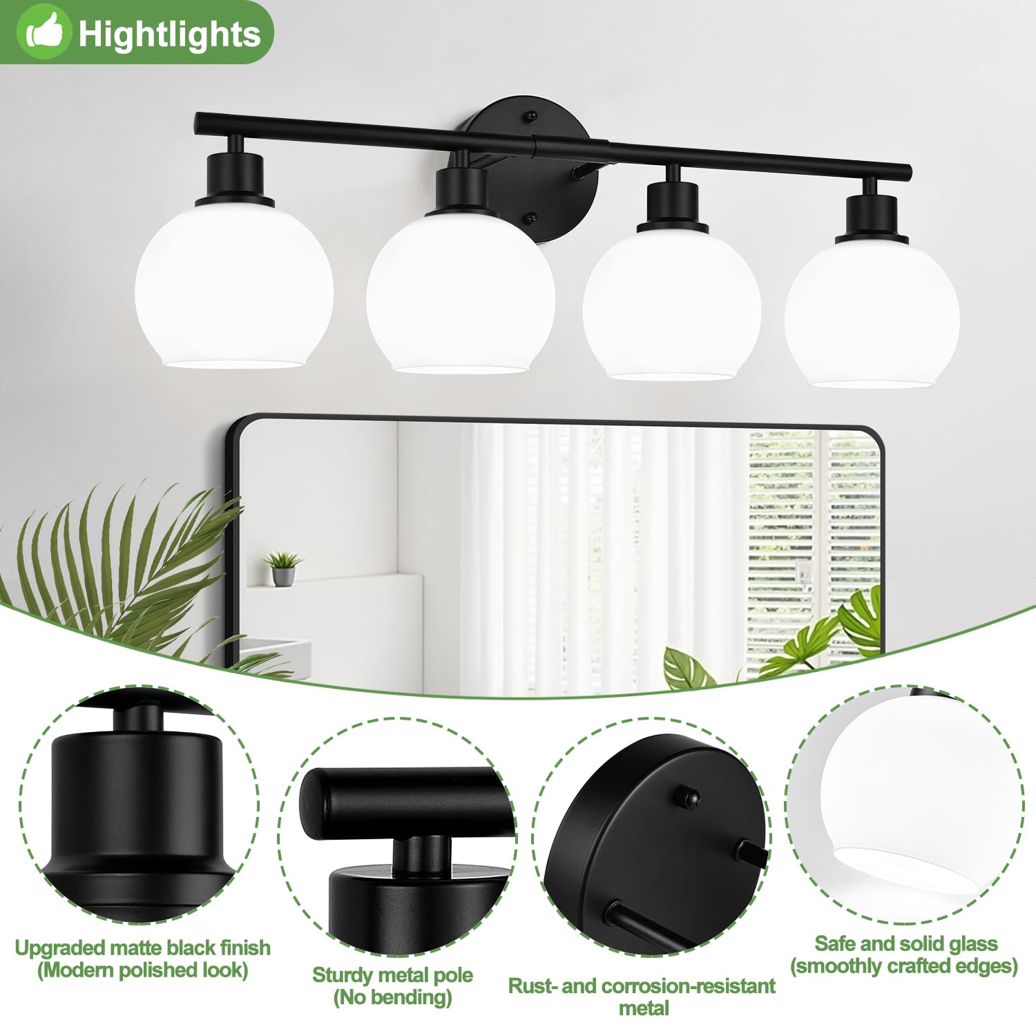 Indoi 4-Light Bathroom Light Fixtures, Black Bathroom Lights Over Mirror With Milky White Frosted Glass Globe Shade, Vanity Ligh