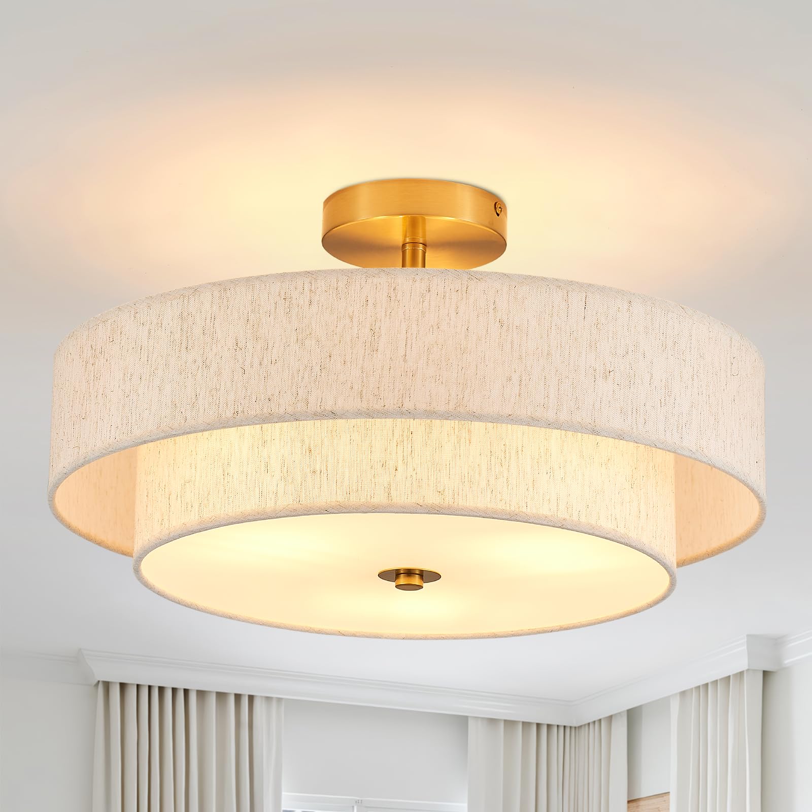 Widluth Modern Semi Flush Mount Ceiling Light 18" Modern Gold 3-Lights Drum Ceiling Lighting Fixture Vintage Linen Golden Ceiling Lamp For Laundry Room, Kitchen, Basement, Dining Room, Bedroom