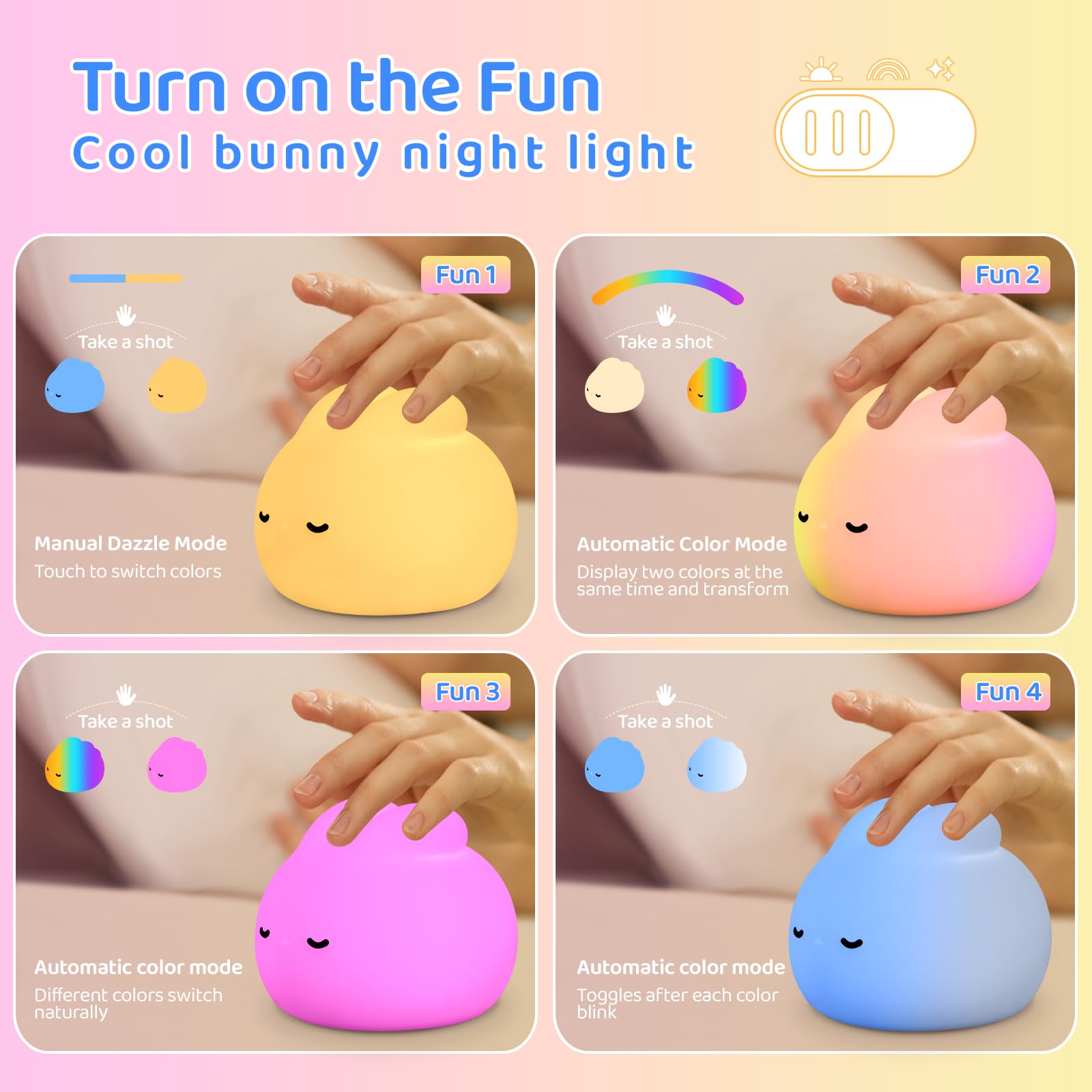 WANIDEA Night Light for Kids,Nursery Night Light,7 Color RGB and 3 Levels of Dimming, Rechargeable Cute Silicone Night Light, Cu