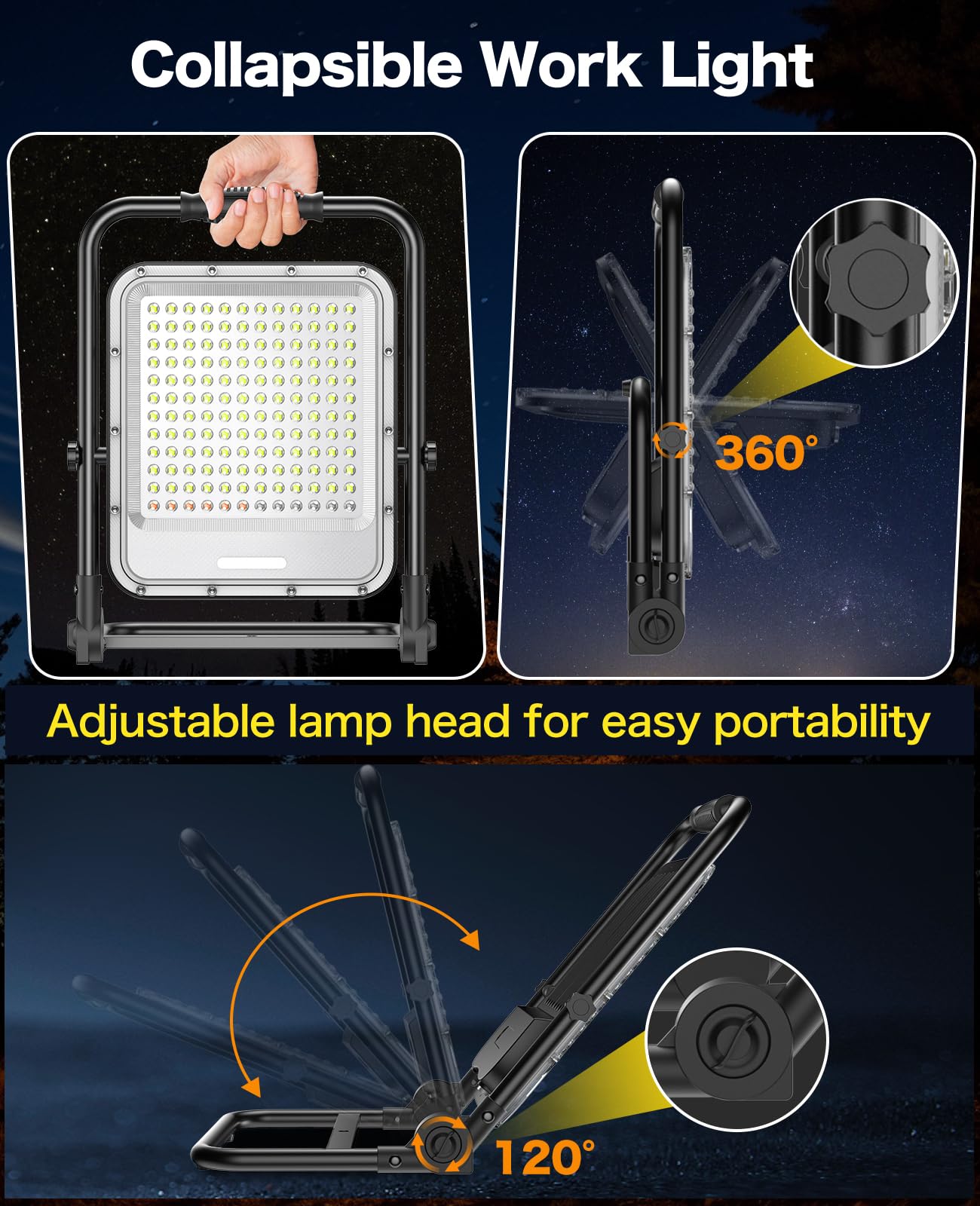 Akofun 400W Rechargeable Led Work Light With Stand, 42000Lm Waterproof Flood Light, 32000Mah Battery, 6500K, 4 Modes Adjustable
