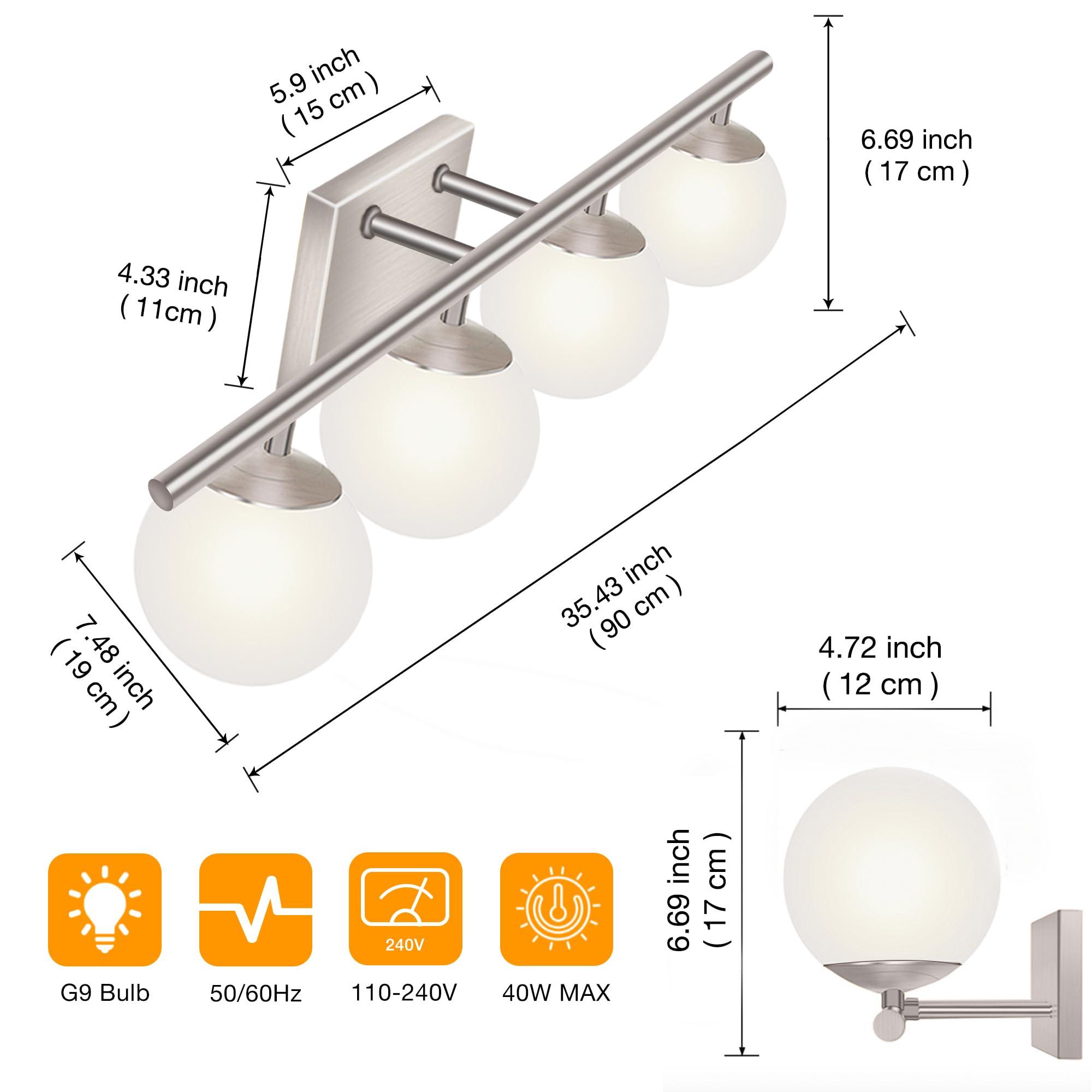 YHTlaeh New Bathroom Vanity Light Fixtures 4 Lights Brushed Nickel Glass Shade Modern Wall Bar Sconce Over Mirror((Exclude G9 Bu