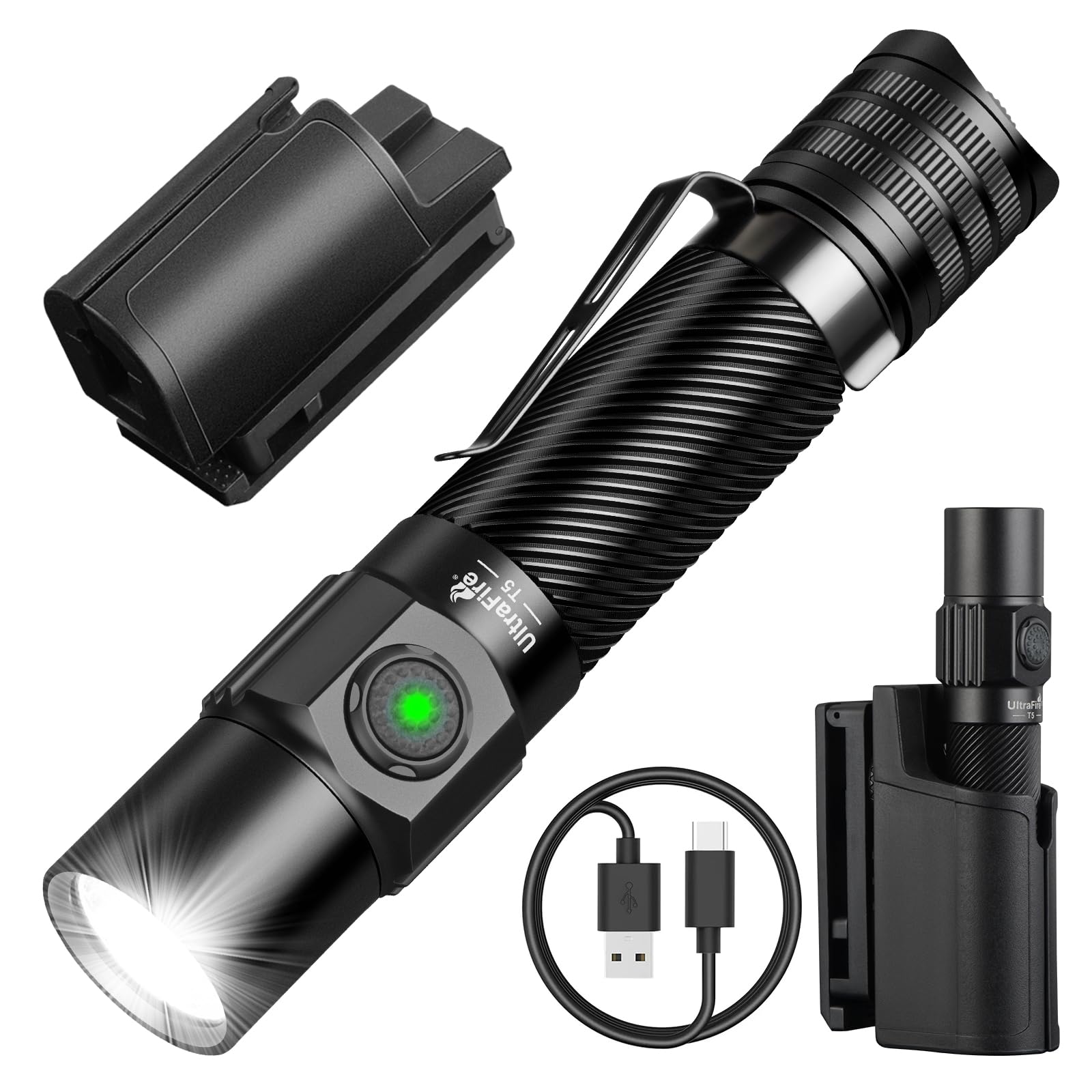 ULTRAFIRE Duty Tactical Flashlight 1800 Lumens with Belt Holster, Rechargeable LED Flashlight for Police, Law Enforcement, Secur