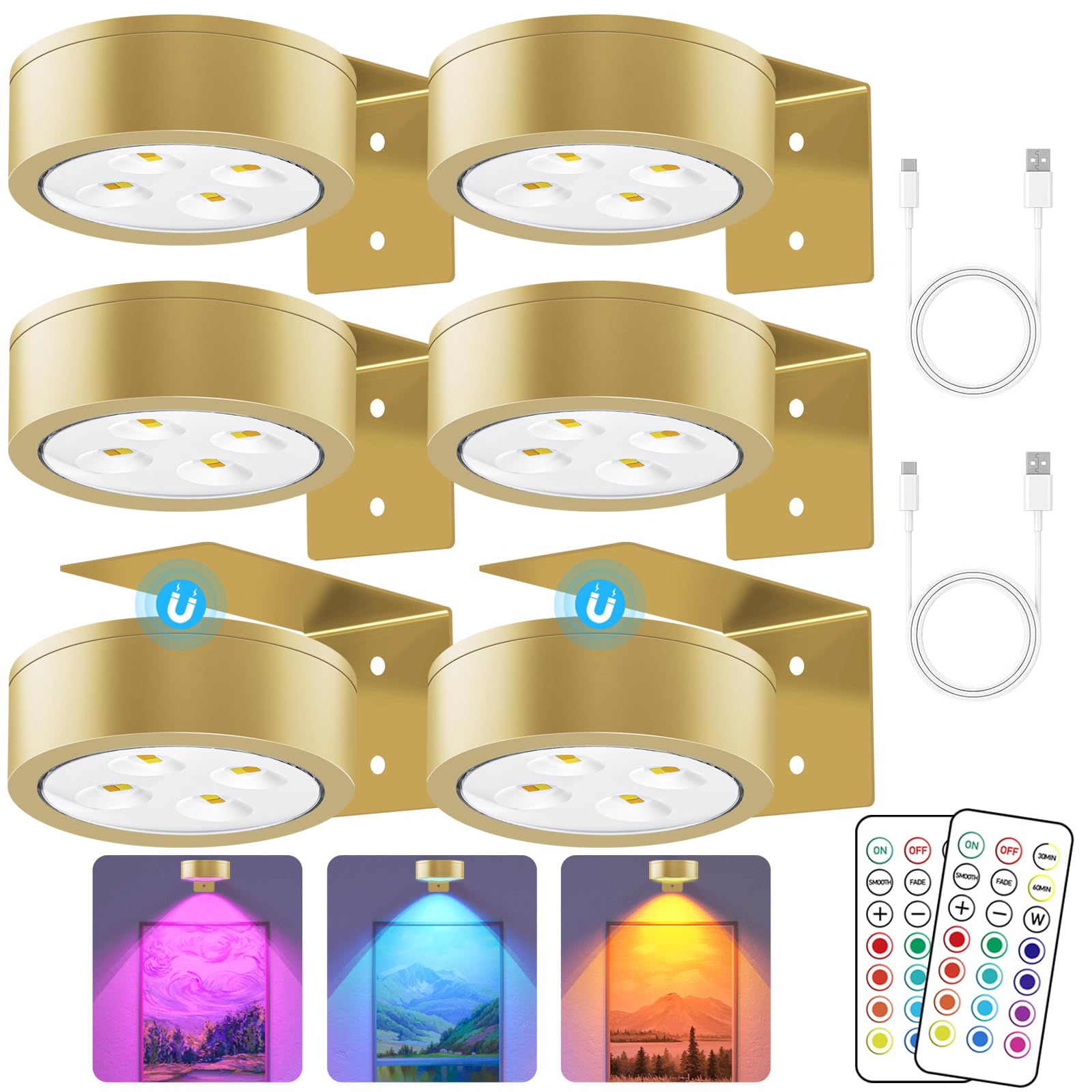 SIXDEFLY RGB Color Changing LED Art Display Light, Dimmable & Timer, 6 Pack, Gold, Rechargeable Battery Operated with Remote Control