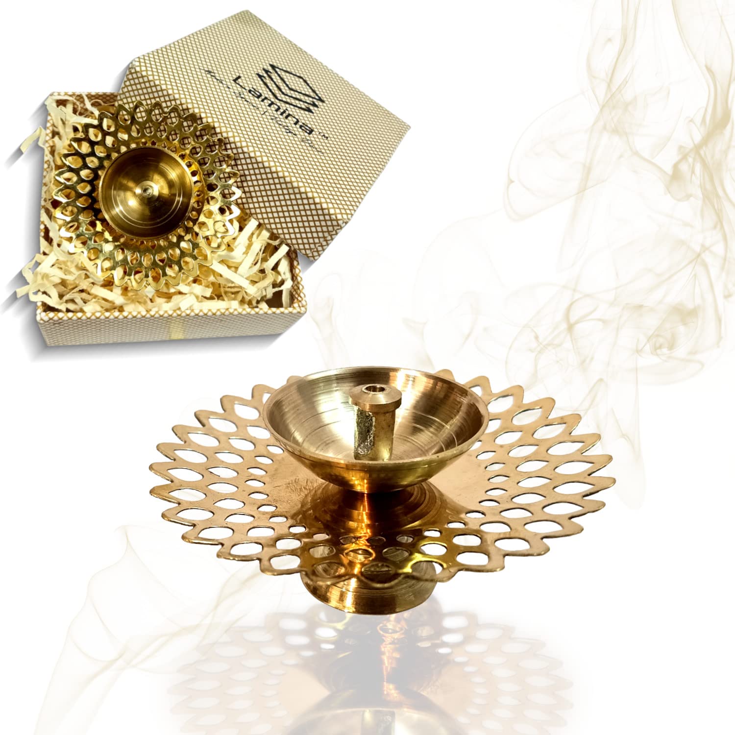 Lamina Decorative Brass Diya for Puja (Set of 2 Small 3inch Golden Round Net) Center Wick Holder Pital Akhand Deep Vilakku for H