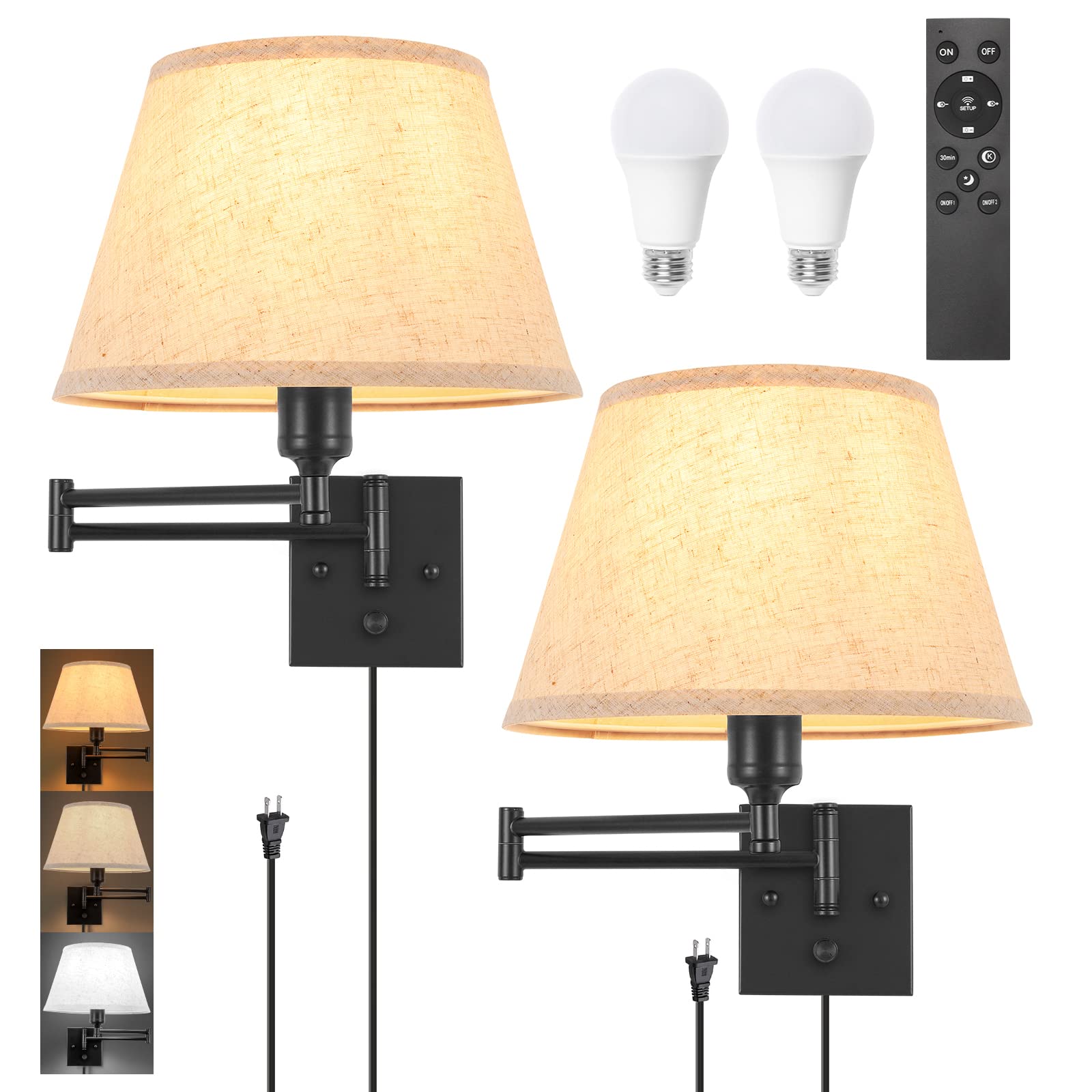 Trlife Wall Sconce, Remote Control Dimming 10-100%, 11.8 Large Beige Fabric Shade, Adjustable Color Temp 2700K-6500K, 2 Pack