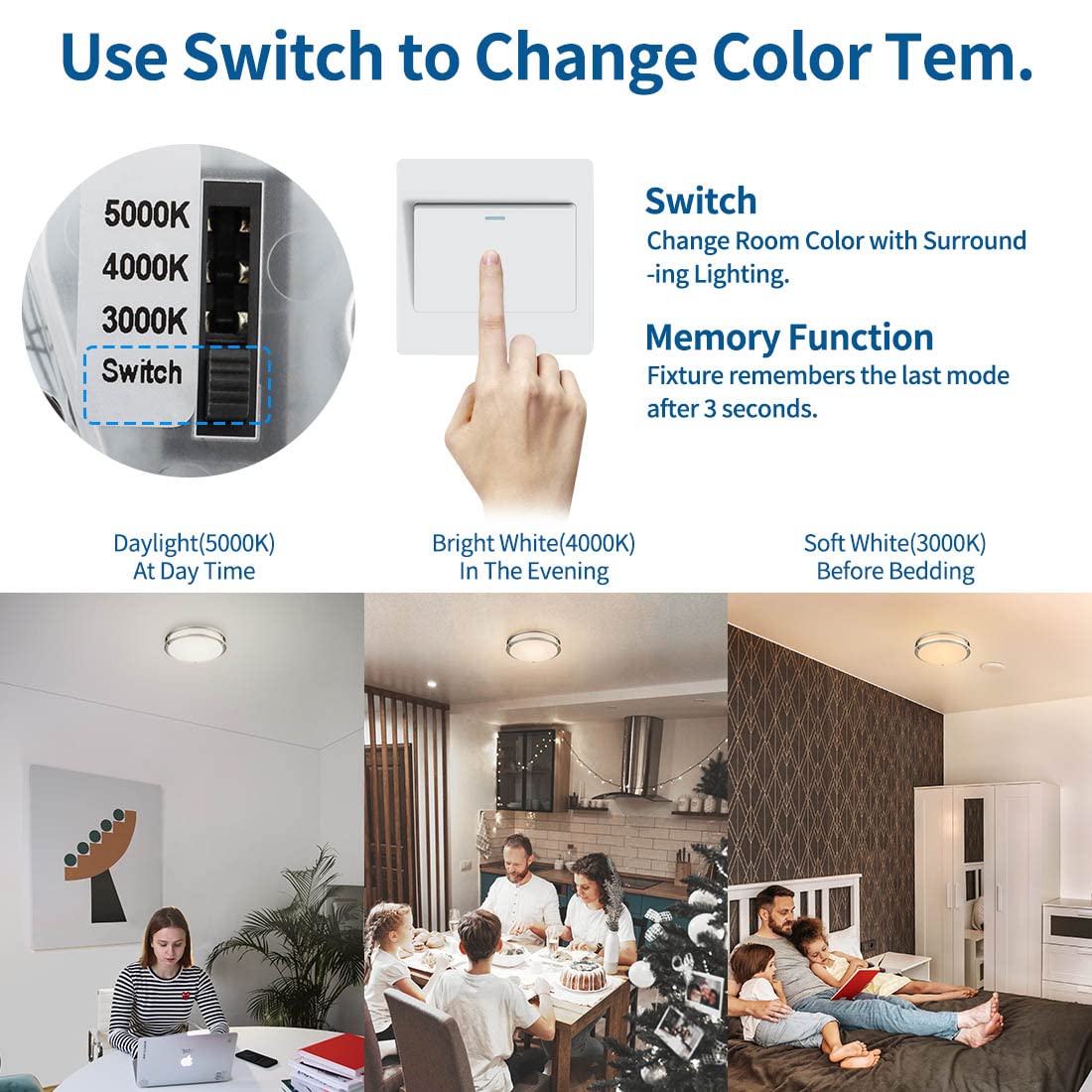 Dakason 2Pack Led Flush Mount Ceiling Light Fixture 13    20W, On/Off Switch To Select 3000K/4000K/5000K, Dimmable Ceiling Lamp