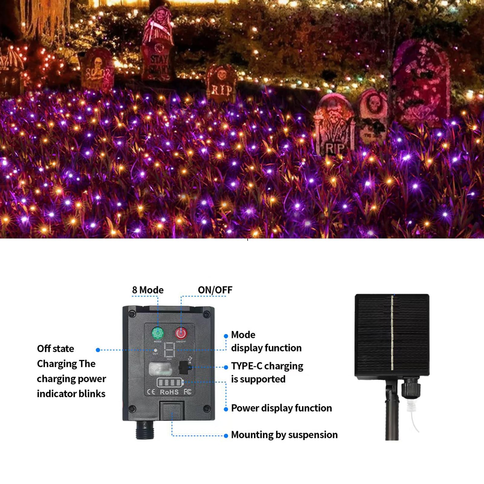 Cyindzchwy Solar Net Lights, 204 Led Outdoor Mesh Lights Waterproof, Bush Halloween Net Lights With 8-Lighting Modes For Tree Garden Yard Halloween Party Decoration (Orange/Purple)