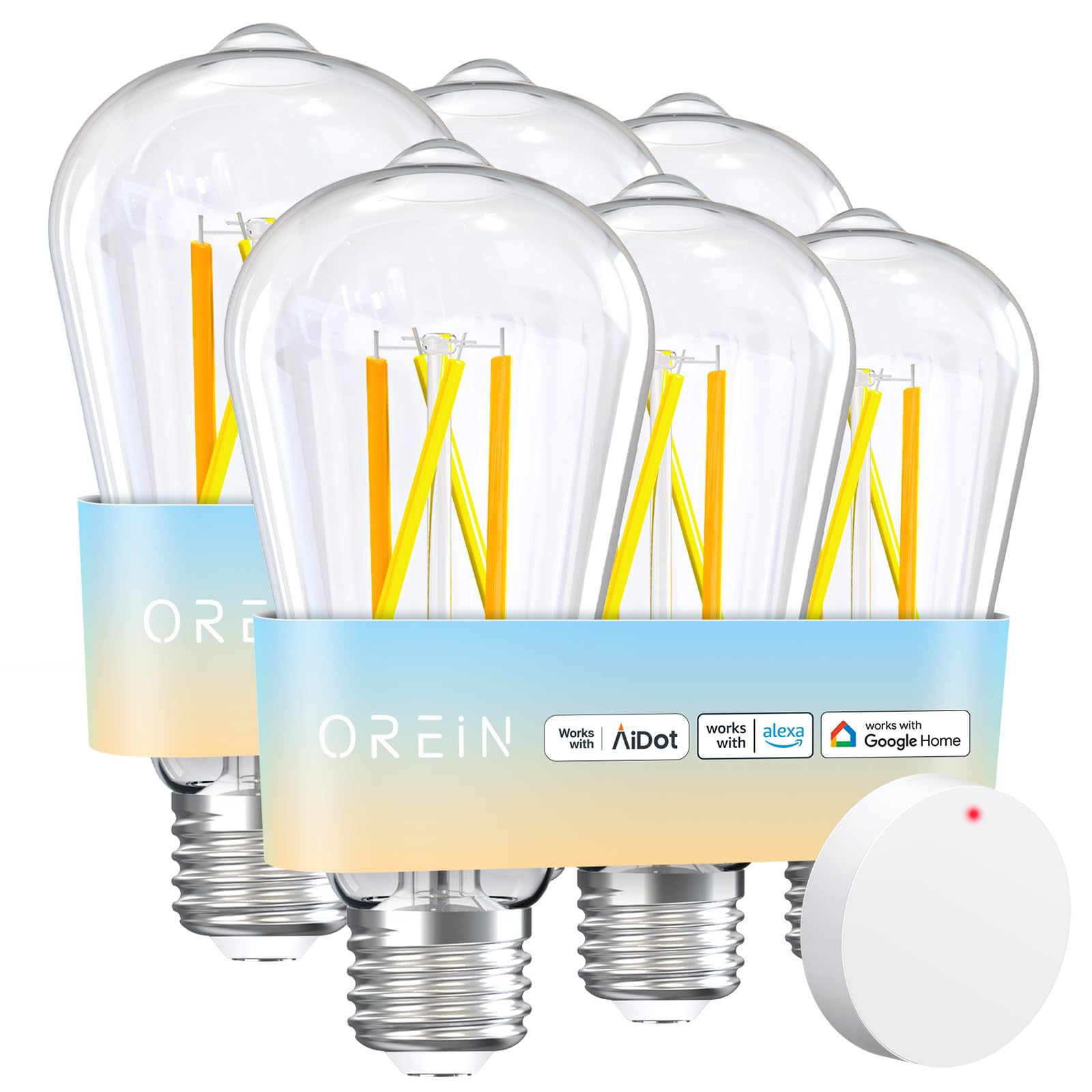 OREiN Smart Edison Light Bulbs, WiFi ST19 Vintage, Dimmable 2700K-6500K, E26 Base, 800lm, 6-Pack, Glass,