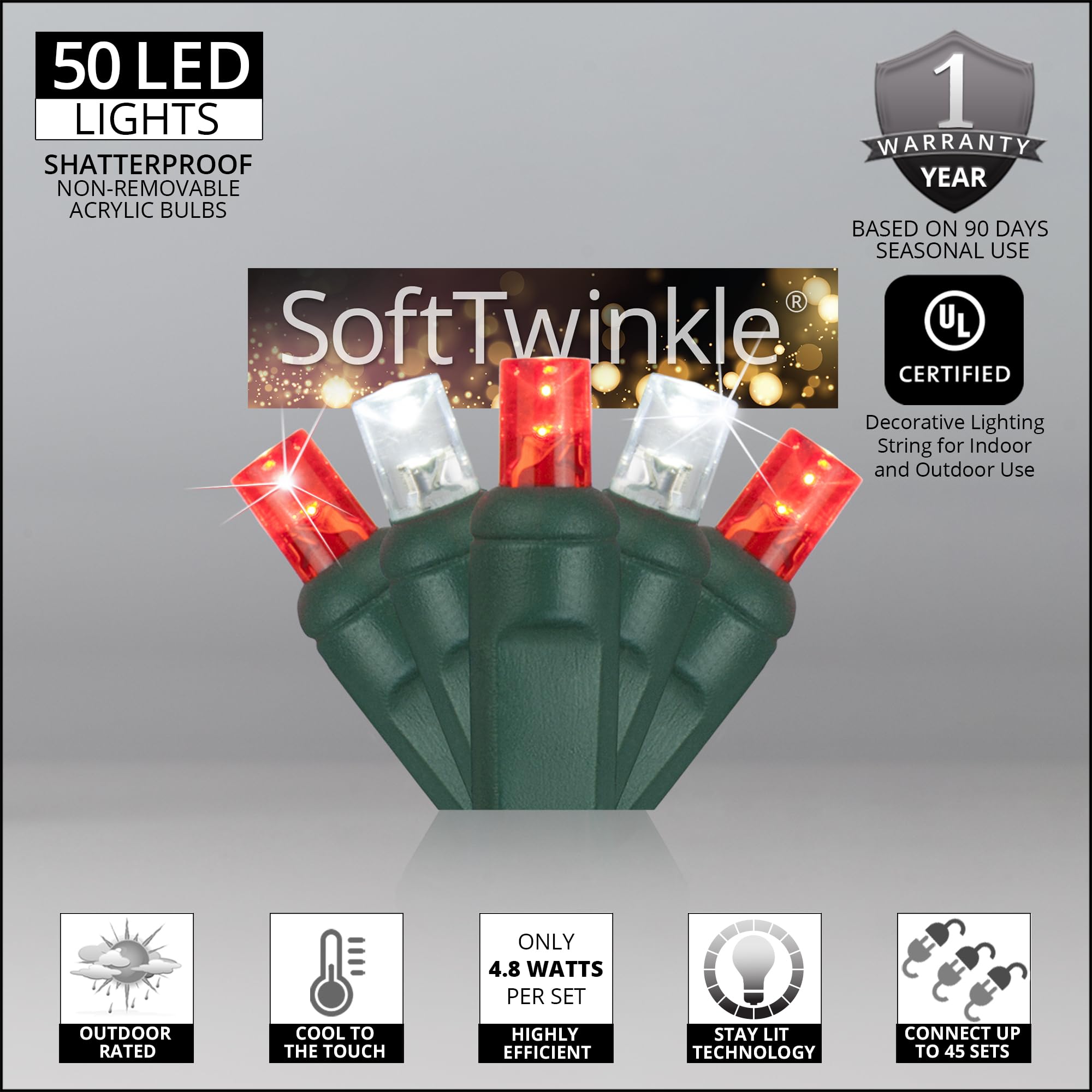 Softtwinkle Slow Twinkling Christmas Lights, Soft Twinkle String Lights Pulsing Christmas Lights (50 Lights, 17 Ft, Red/Cool Whi