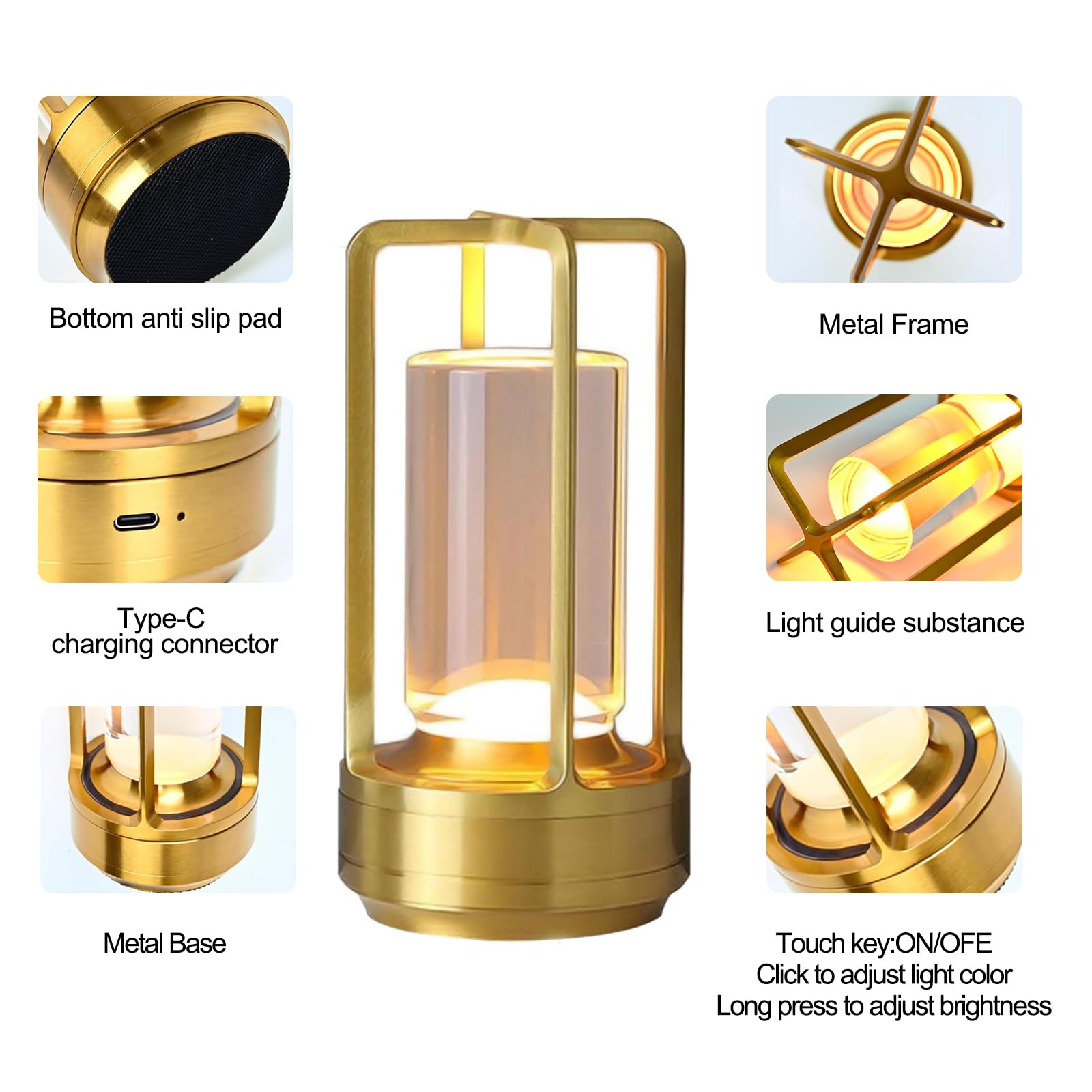 Kipliko Cordless Table Lamp Set of 2, Touch Sensor, Rechargeable LED, Acrylic, Gold, Model CLL-3C2P-001, Large