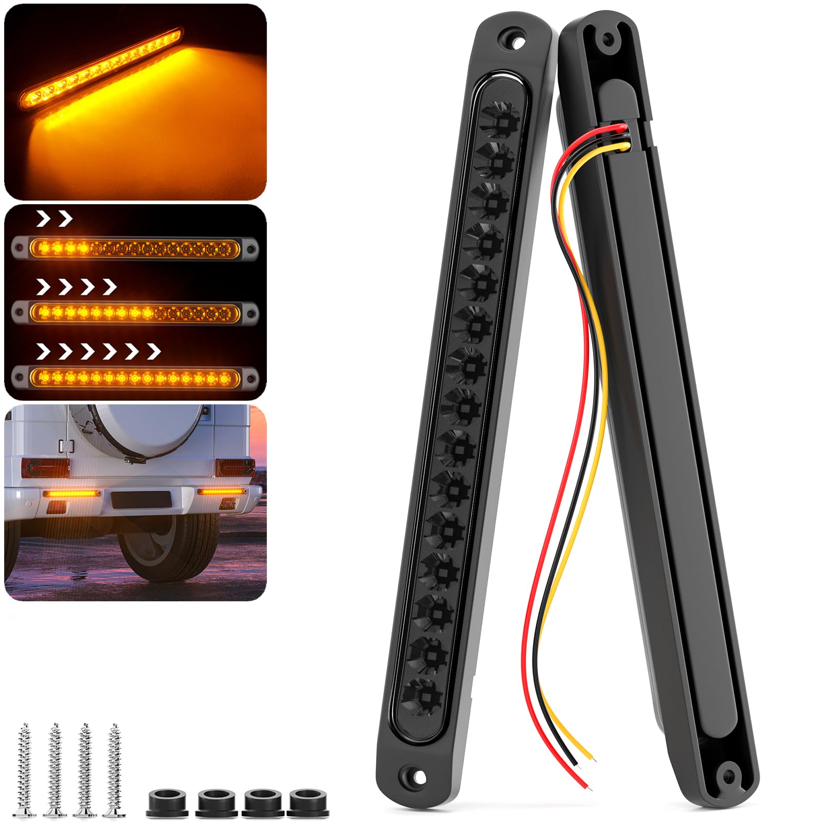 PSEQT 10in LED Trailer Tail Lights Bar, Amber Turn Signal, Waterproof, 2Pcs, Smoked Amber, Model PSEQTWBSY
