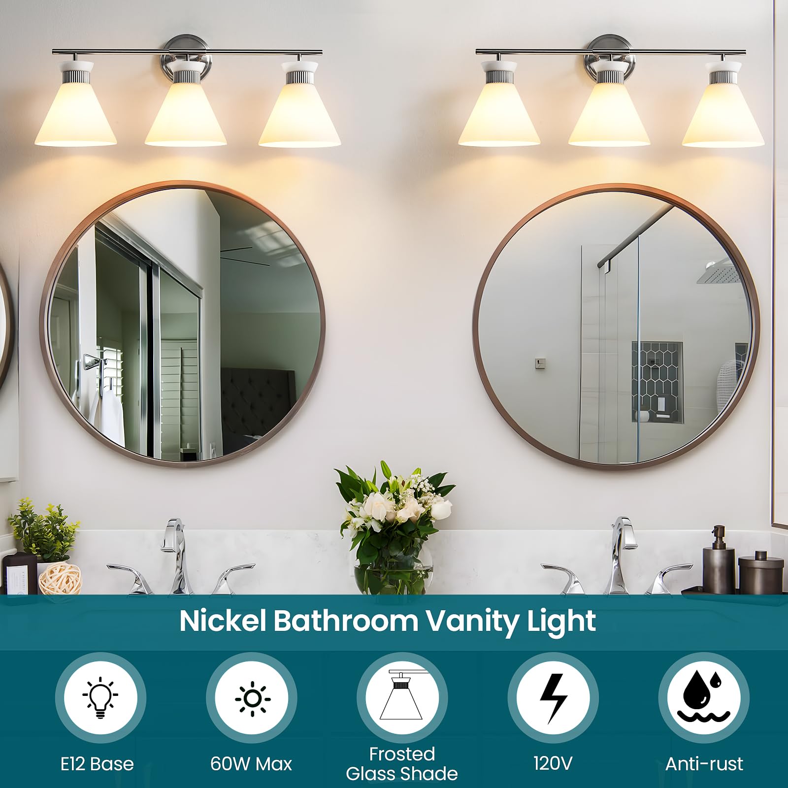 Woshitu Nickel Bathroom Vanity Light Fixtures: Vanity Lighting Fixtures Over Mirror 23.4 Inch With Milky White Frosted Glass  3-Lights Vanity Light Above Mirror Bathroom Wall Light(Exclude Bulb)