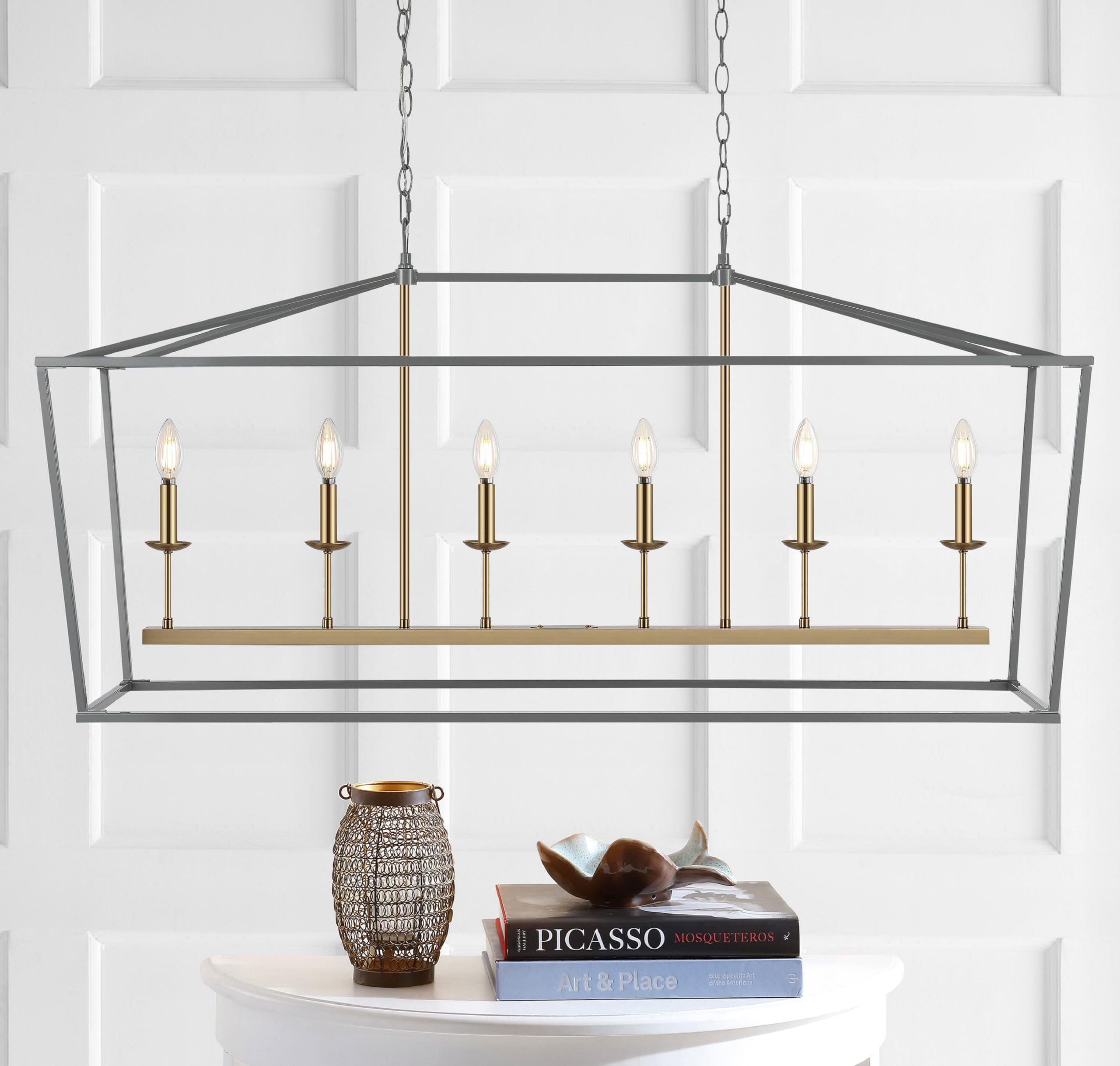 JONATHAN Y 49in 6-Light Linear Metal Pendant, Classic Traditional Design, Gray/Brass Gold, Model JYL7439F