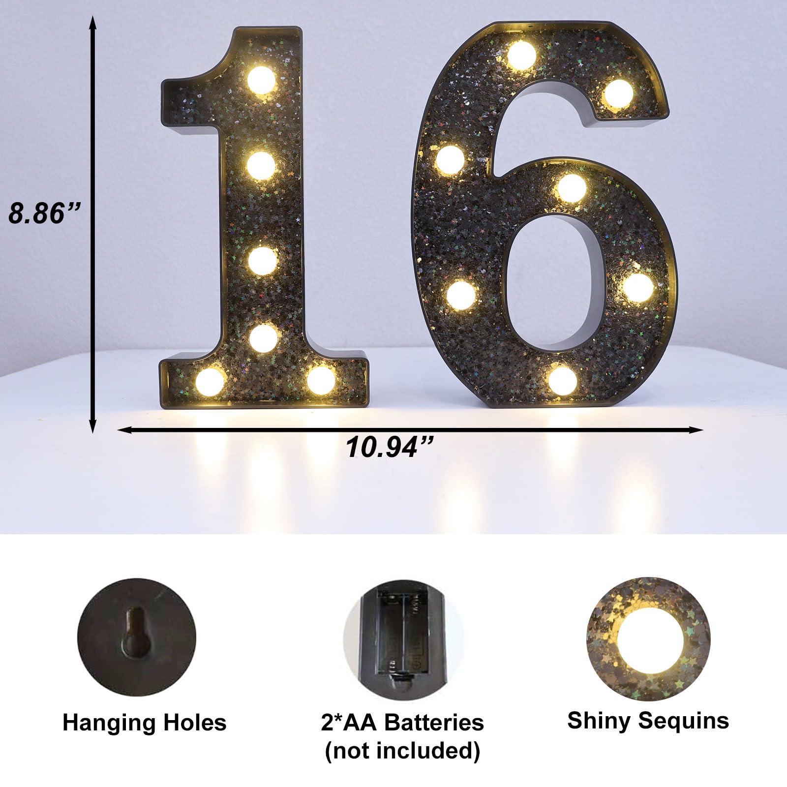 8.8 Decorative Led Light Up Numbers  Glitter Marquee Numbers Lights For 16Th Birthday Decorations  Shiny Lighted Number Sign For Birthday Party Wedding Anniversary Home Decor  Glitter Black 16
