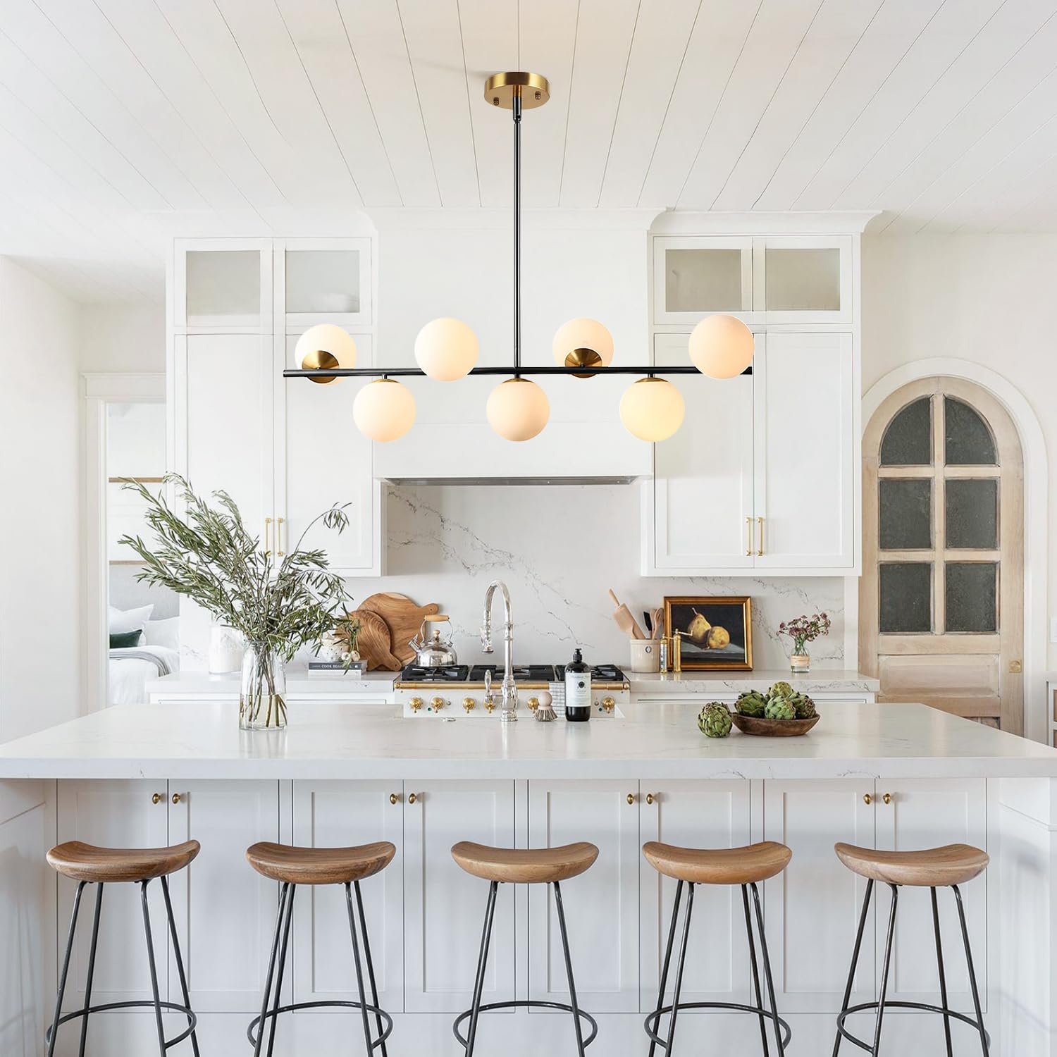 KCO Lighting Black & Brass 7-Light Sputnik Chandelier - Mid Century Modern Milk Glass Globe Pendant for Dining Room, Kitchen, Bedroom