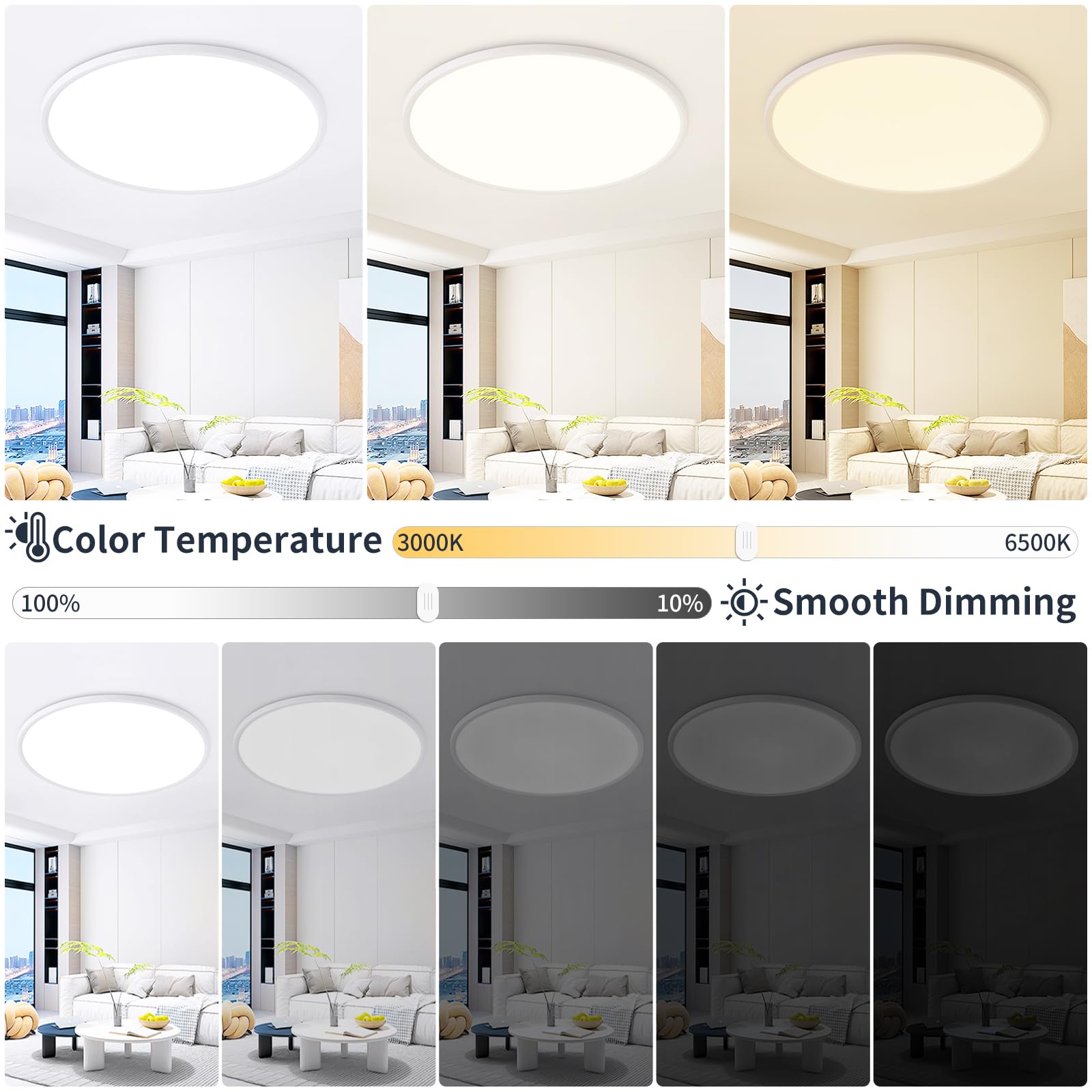Kiwivic 24 Inch Flush Mount Ceiling Light With Remote, 54W Dimmable Led Fixture 5400Lm, 3000K-6500K Adjustable, Round Ceiling La