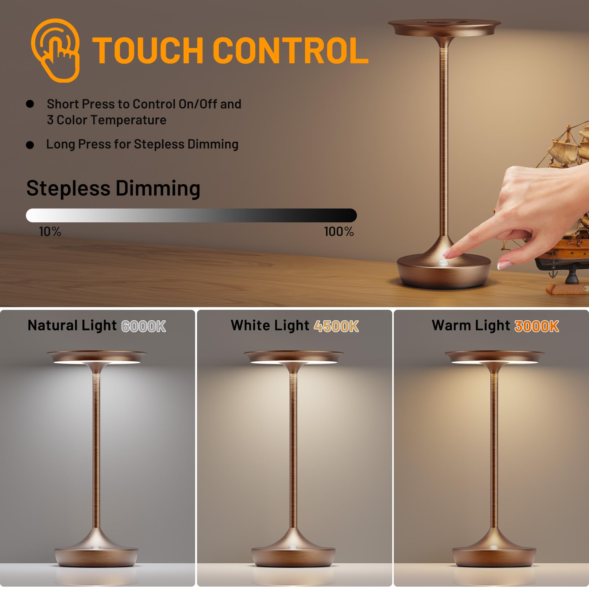 SHANGCAI LED Cordless Table Lamps - Rechargeable, 3 Color Stepless Dimming, Portable, 2 Pack, Moka