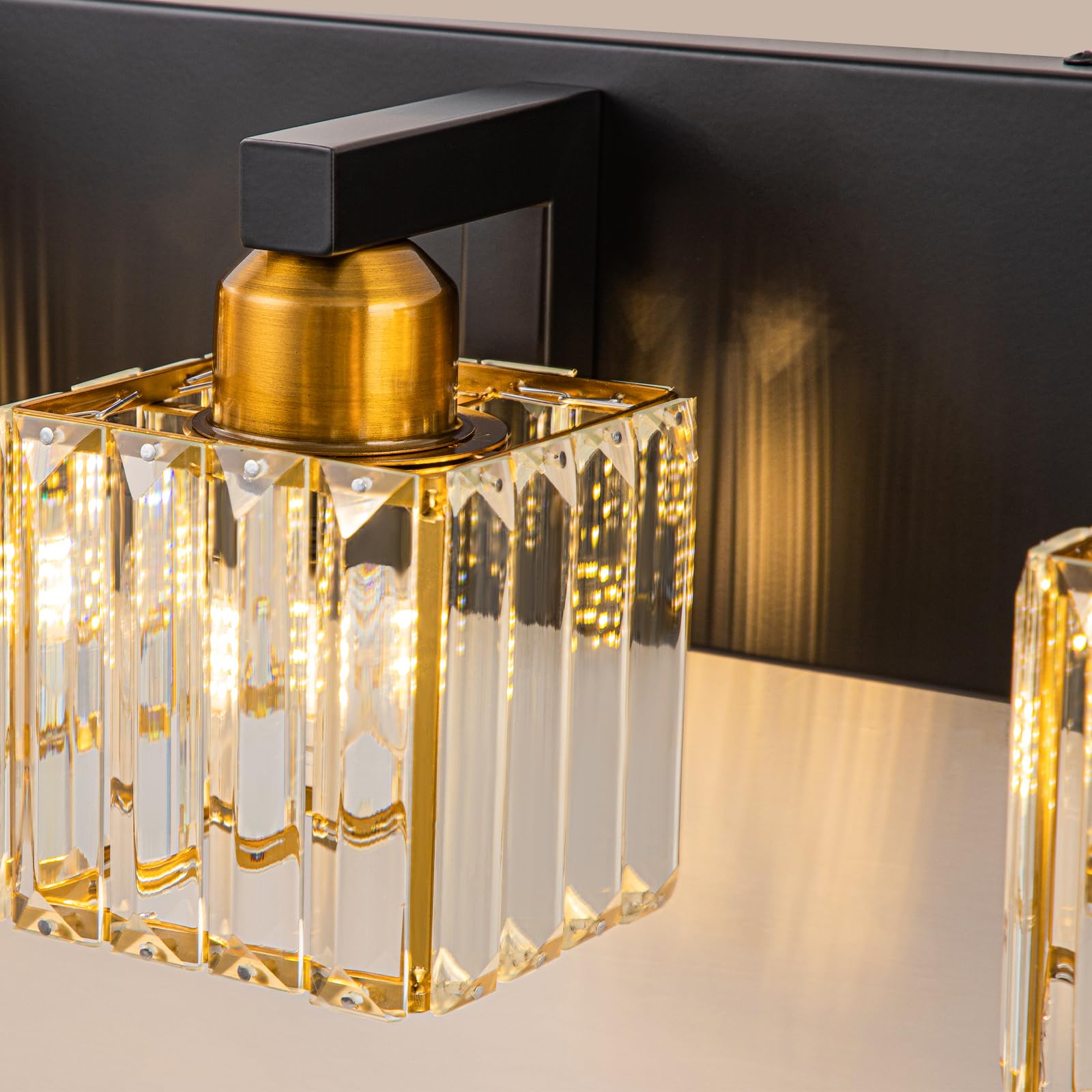 HUOKU Bathroom Vanity Light, 4-Lights, Black Gold Square Shade, Metal & Crystal, Model HUOKU-B01H35Z14G