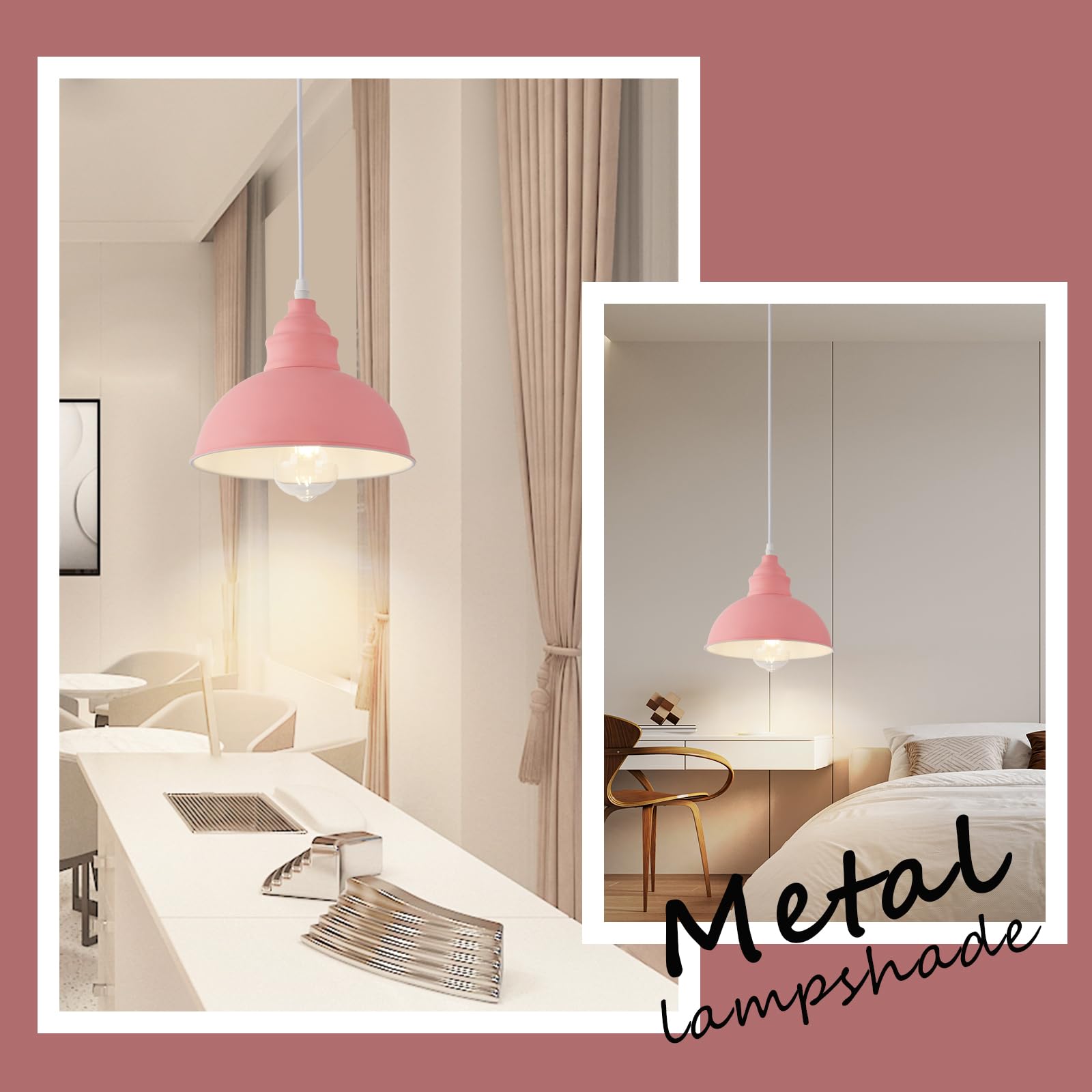 SoodMi Plug-in Pendant Light, Industrial Metal Hanging Lamp, 15FT Cord, On/Off Switch, Pink, Model PDL-013