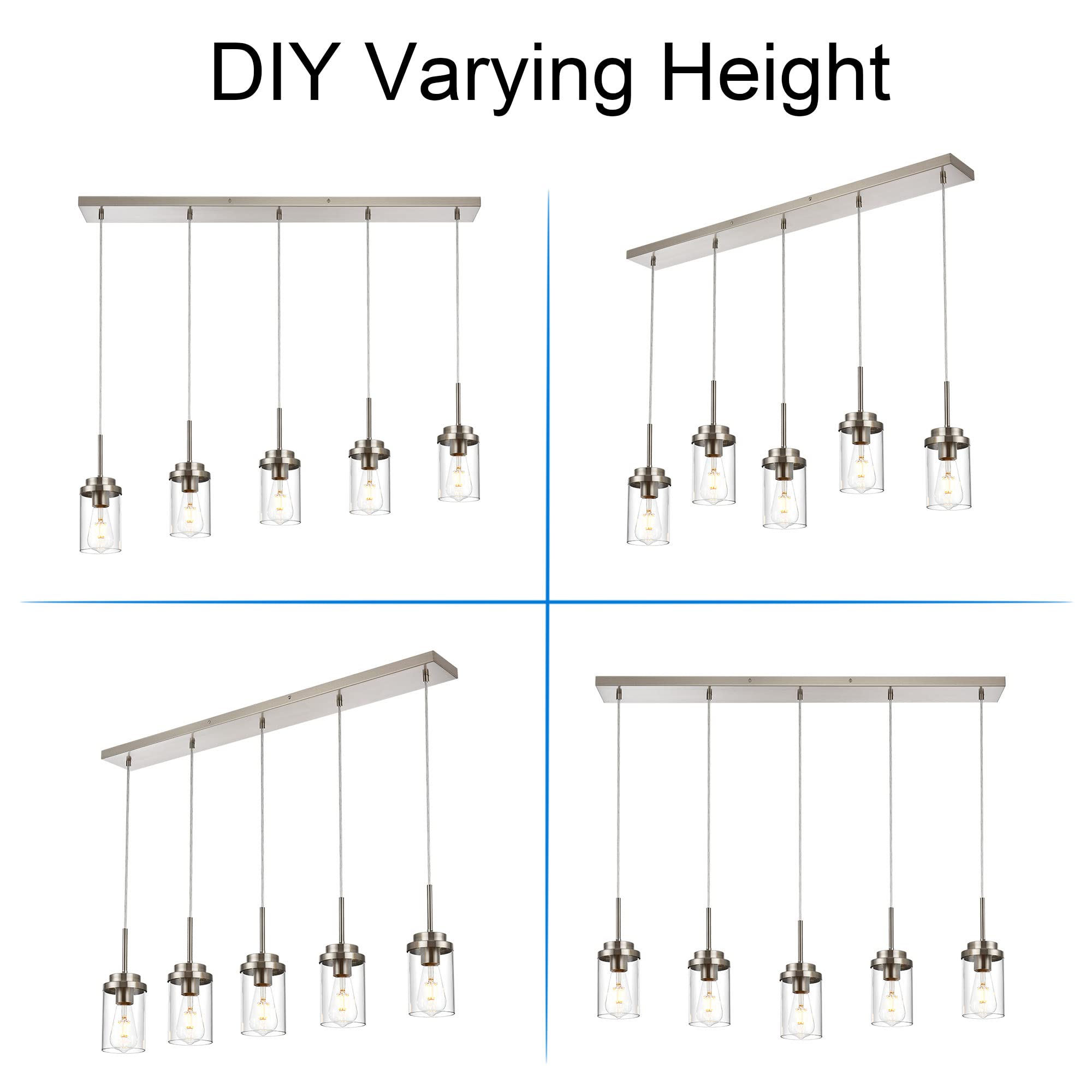 MELUCEE Modern Linear Pendant Light - 5 Lights, Brushed Nickel, Clear Glass Shade, 40.1" for Kitchen Island or Dining Room