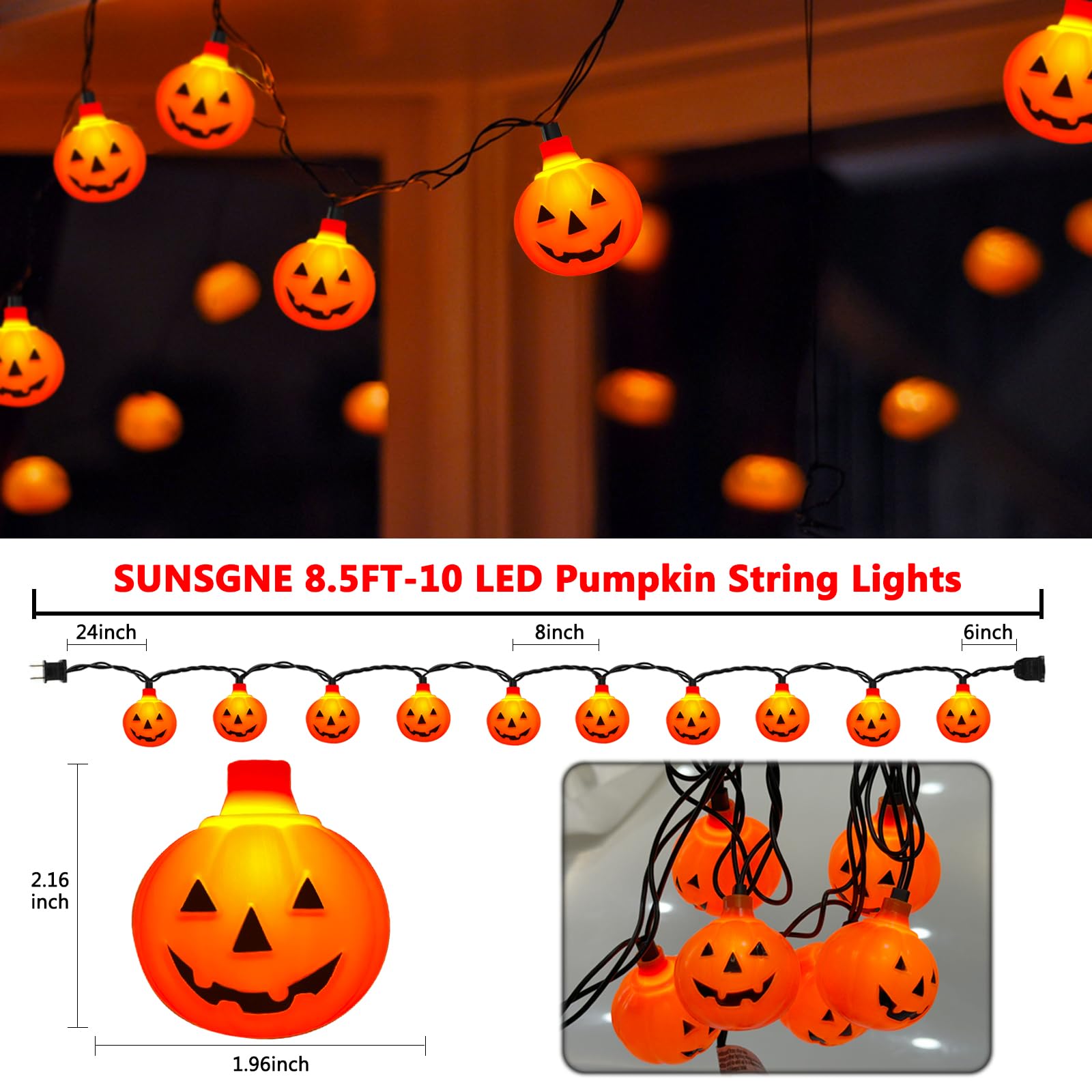 Sunsgne Halloween Pumpkin String Lights, 8.5Ft Orange Hanging String Lights With 10 Led Round Pumpkin Lights, Pumpkin Decorations For Indoor Outdoor Halloween Party Thanksgiving Day Decor