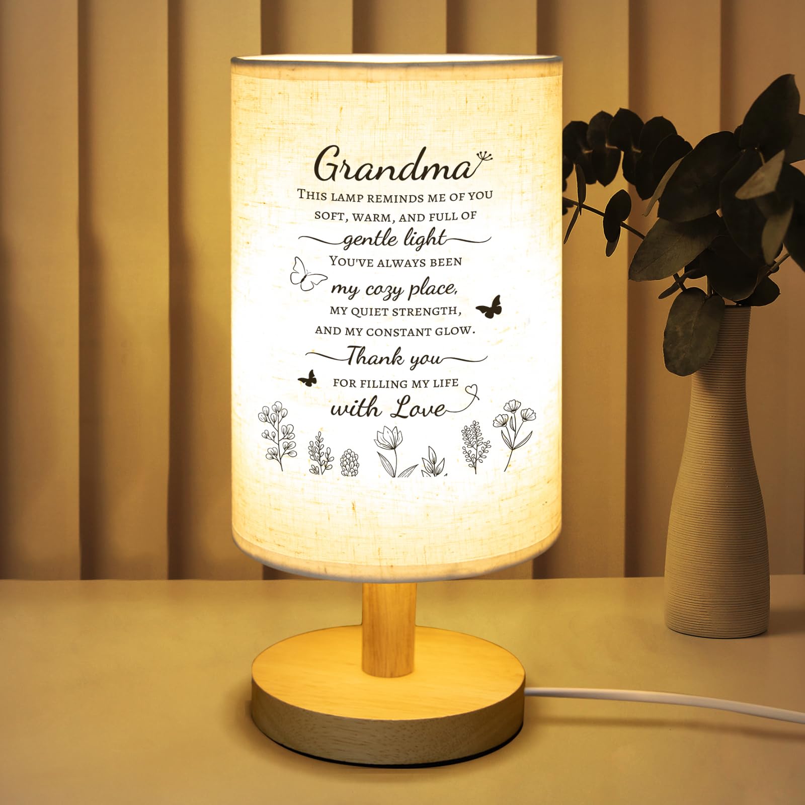Calibron Fabric Table Lamp for Grandma - White, Wooden Stand, Model: Grandma