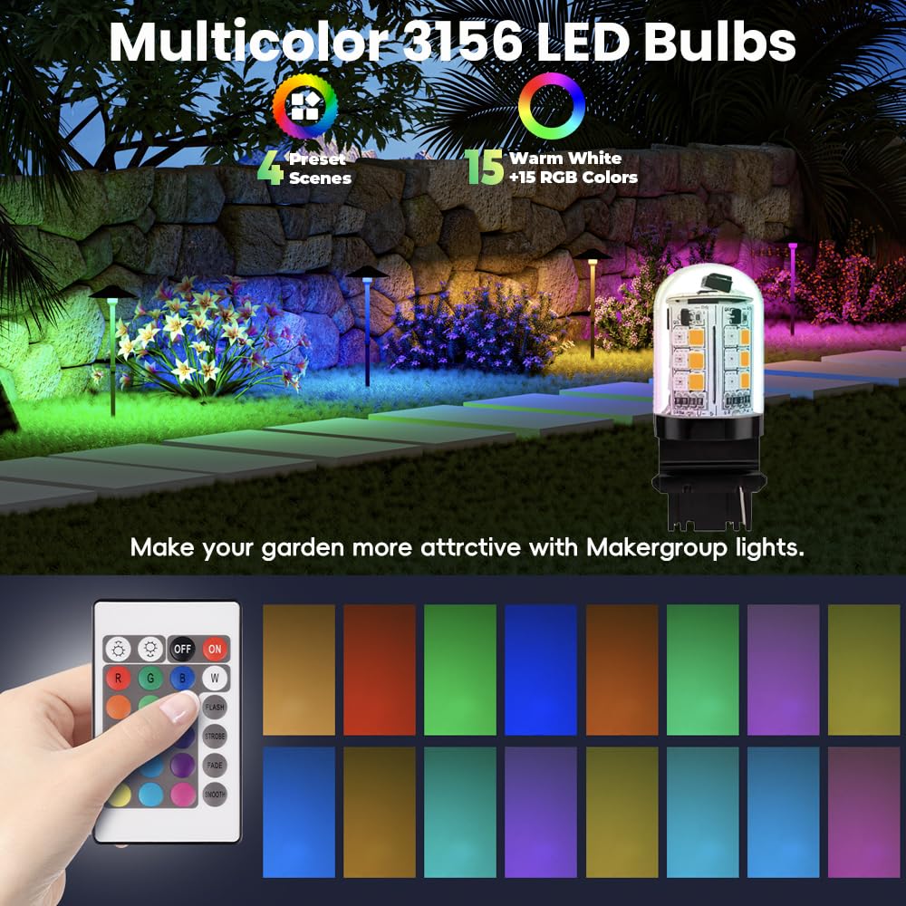 Makergroup RGB S8 3156 LED Light Bulbs, 3-Pack Color Changing Warm White & 15 Colors, Dimmable Remote Control, Weatherproof for Outdoor Use