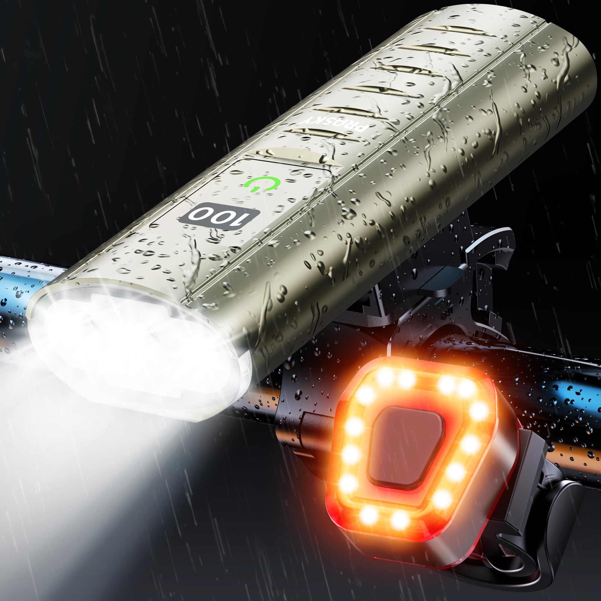 High Lumen Bike Light Set  Prasky Rechargeable Bicycle Lights Front and Rear  Super Bright LED Bike Headlight  IP65 Waterproof Multiple Modes Road Mountain Bike Lights for Night Riding - Titanium