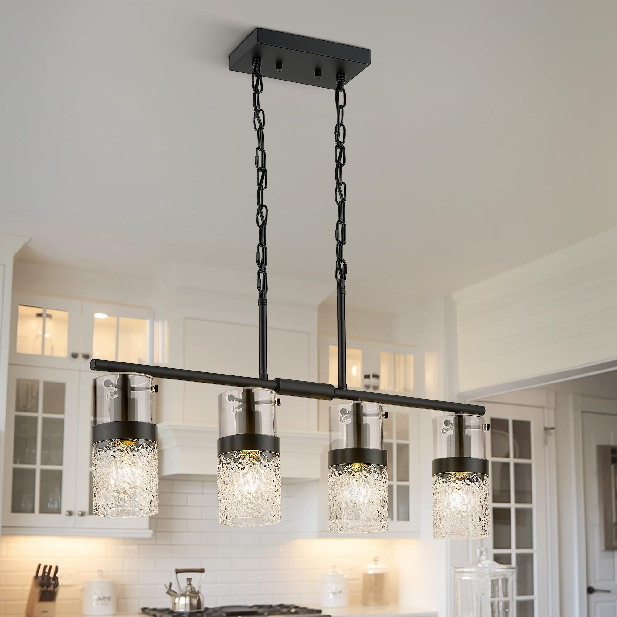 LMS 4-Light Island Lights, Farmhouse Light Fixtures with Hammered Glass Shade, Matte Black Linear Chandelier Pendant Lighting Ov