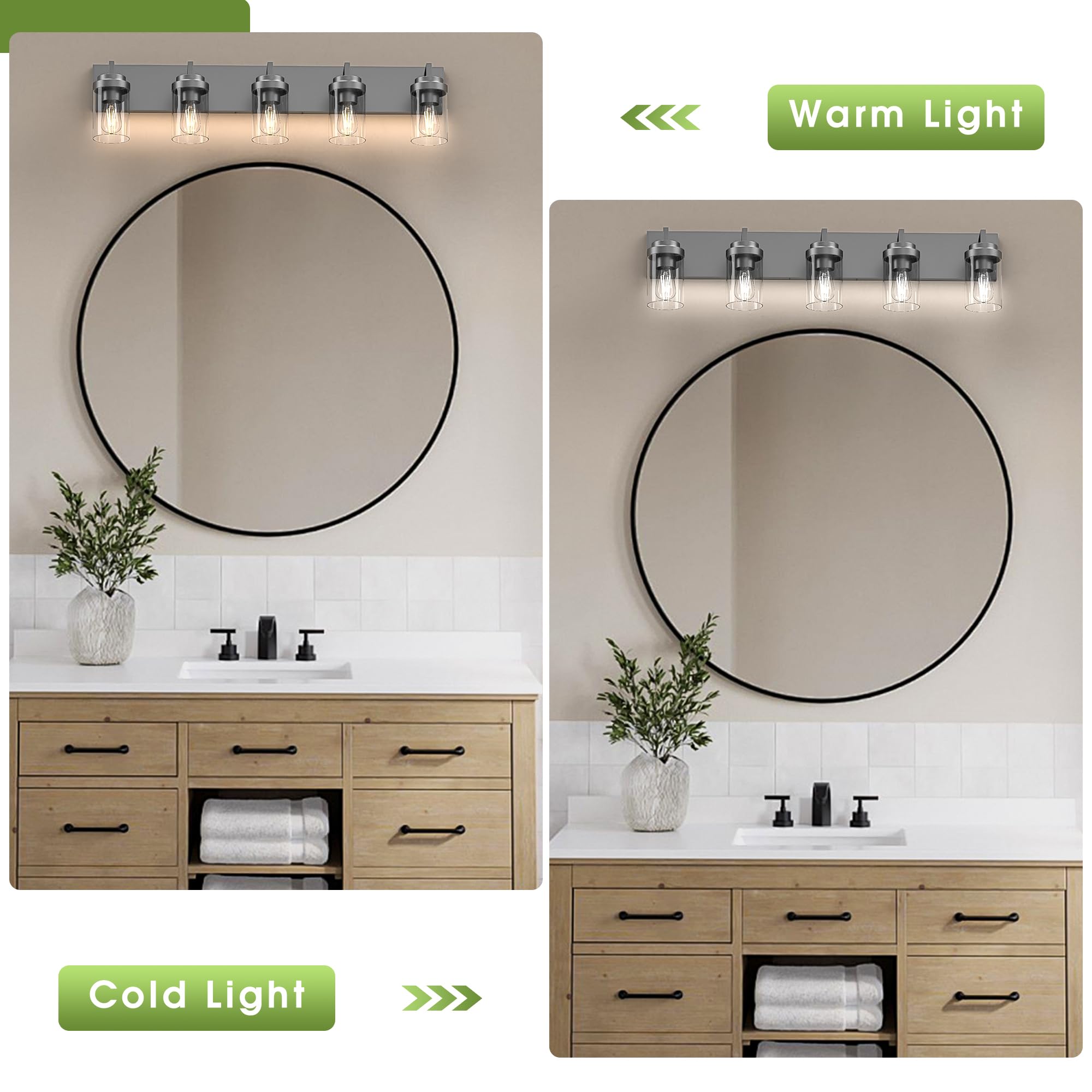 Espird 5-Light Bathroom Vanity Lights, Black Metal Fixture with Glass Shade, Model L08-5-BK