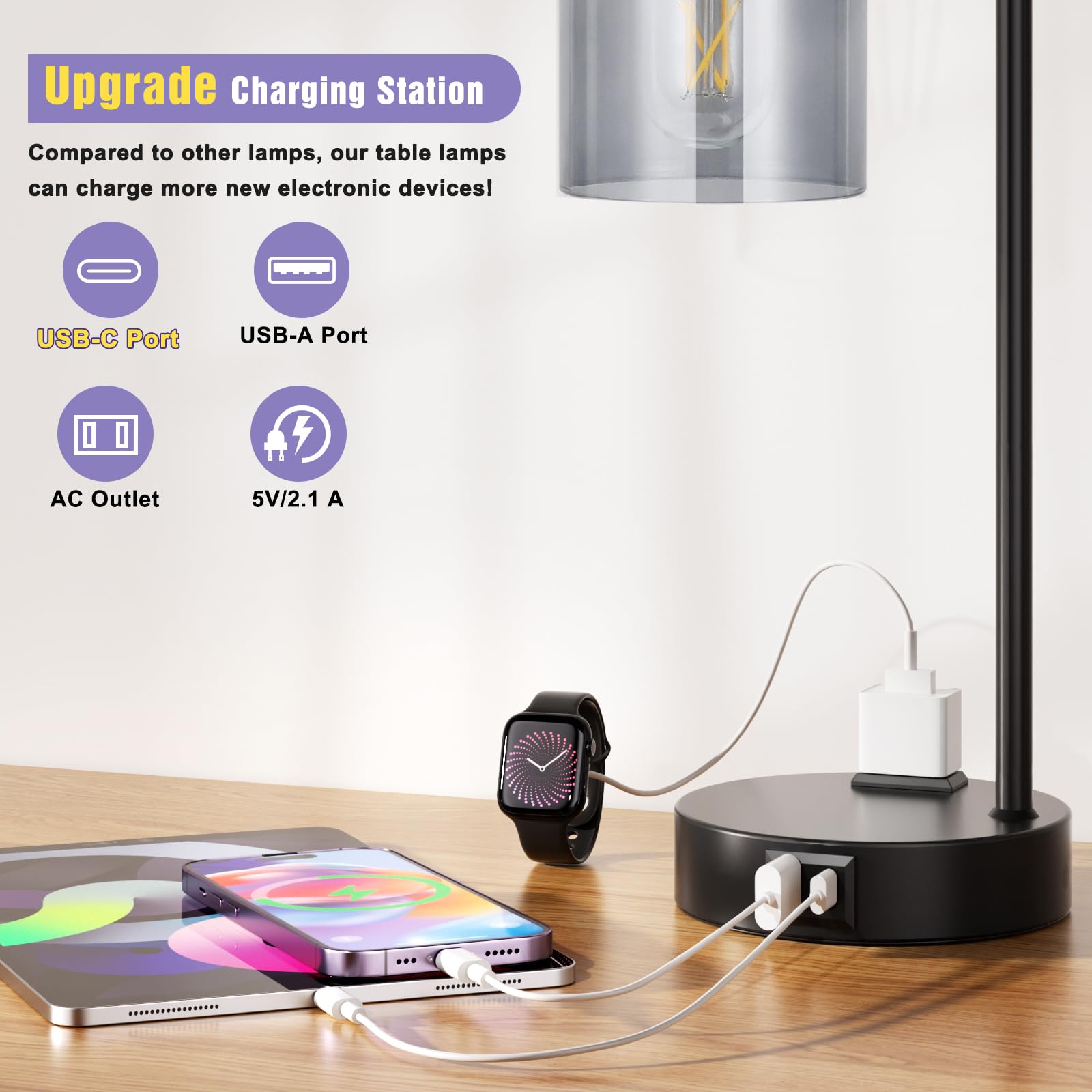 Innqoo 3-Way Dimmable Table Lamps Set of 2 with USB Ports, Gray Glass Shade for Bedroom and Home Office