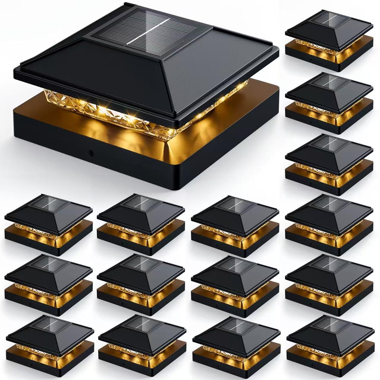 JOFIOS 16pack Modern Black Solar LED Post Cap Lights, 16 x LED, Waterproof, Solar Powered, Anti-Rust, for Deck, Fence, Porch, Ga