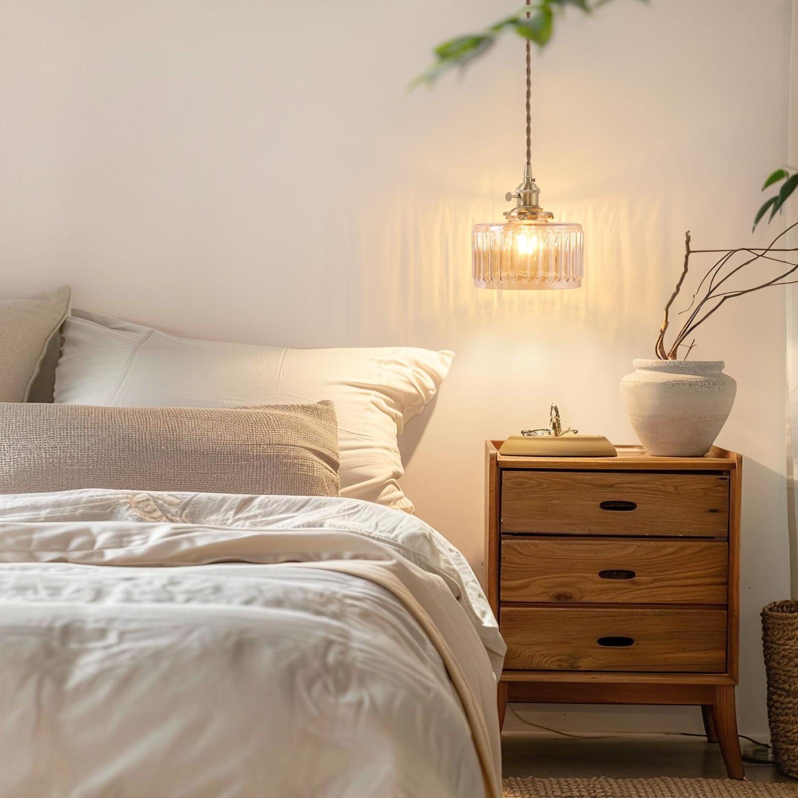 Shenmoyl Pendant Light With Amber Striped Glass Lmapshade, Brass Vintage Pendant Light Adjustable Hanging Light For Kitchen Isla