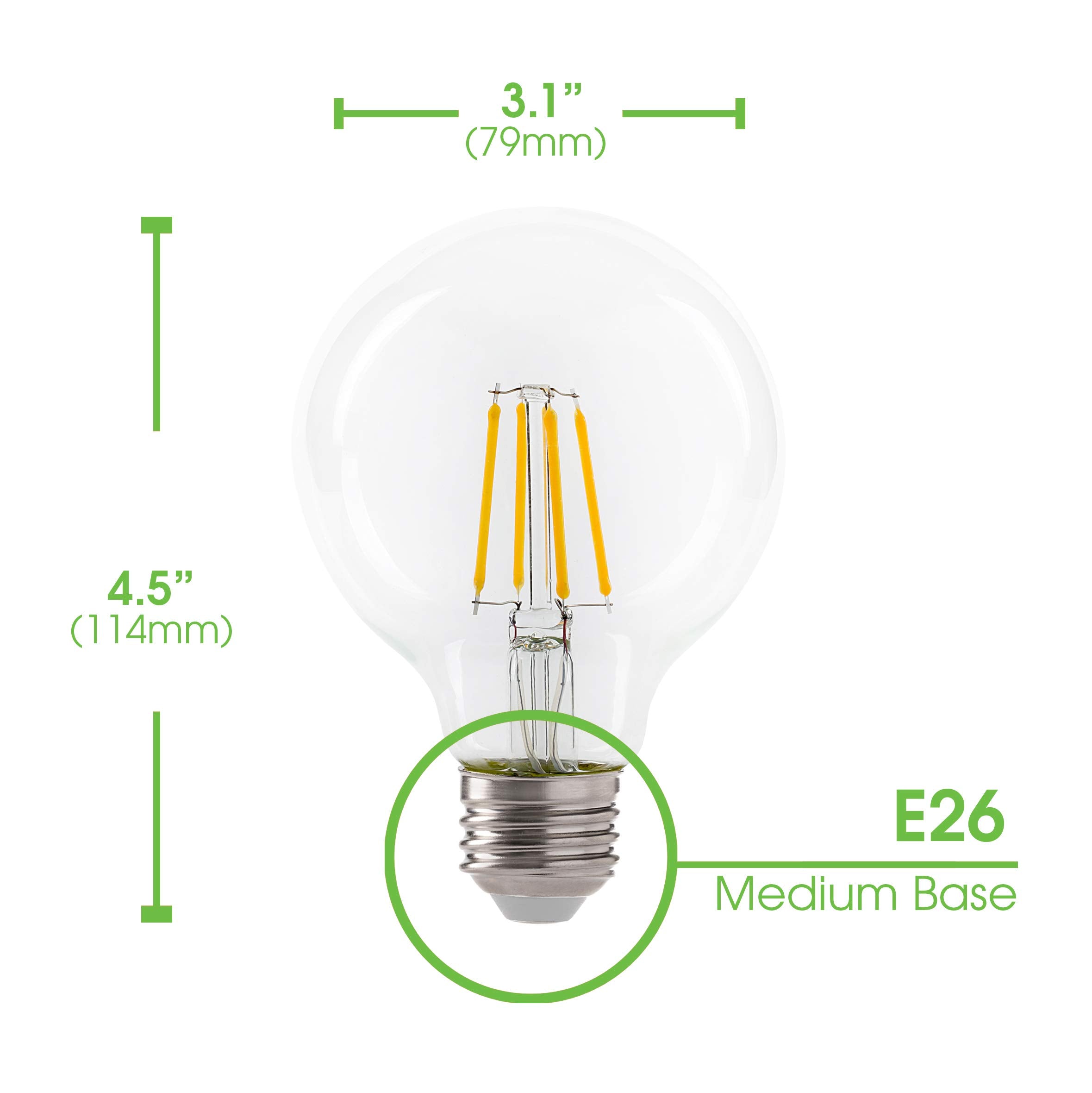 LED 4.5W G25 Clear Globe Filament Light Bulb, 40W Equivalent, 470 Lumens, 2700K Soft White, E26 Medium Base, Dimmable, 120V, Ene