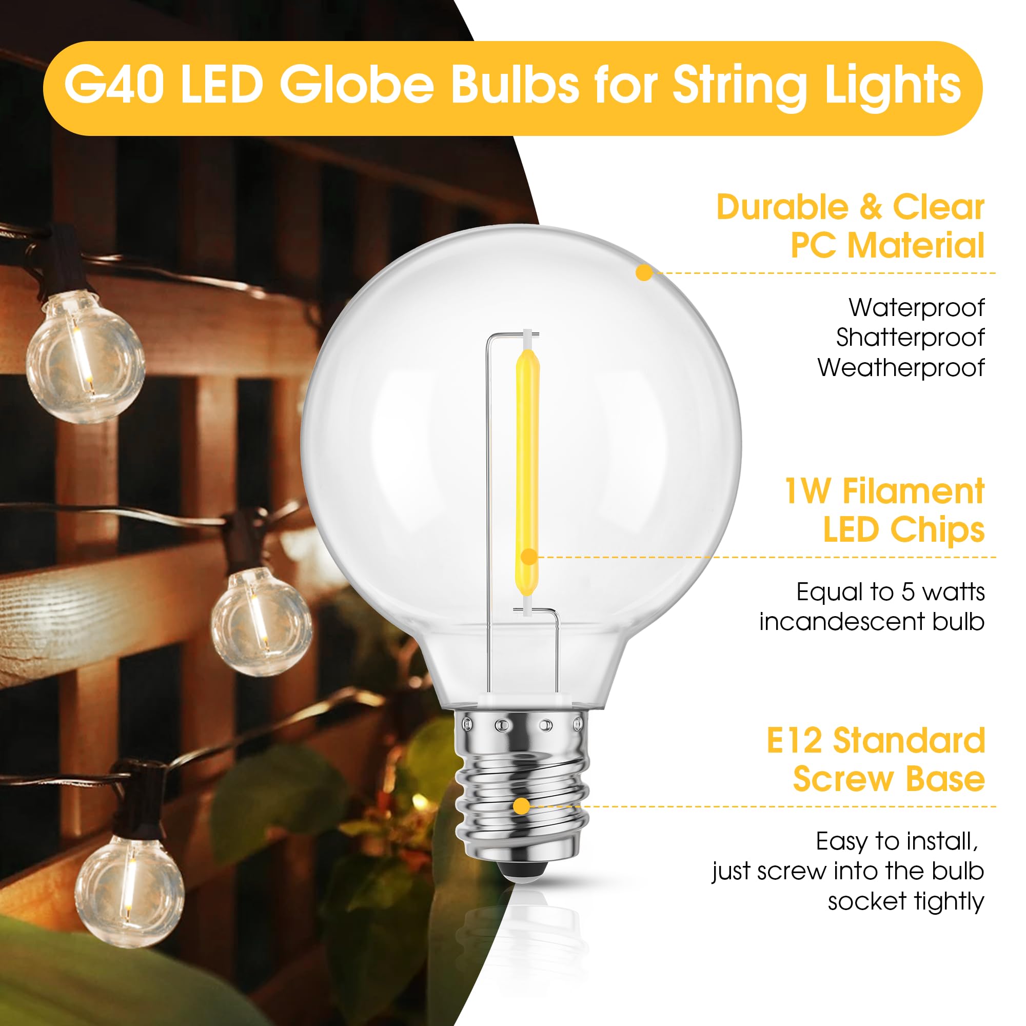 Mlambert G40 Led Replacement Light Bulbs For String Lights, Dimmable E12 Base Shatterproof Bulbs, 1W Equal To 5W, Neutral White