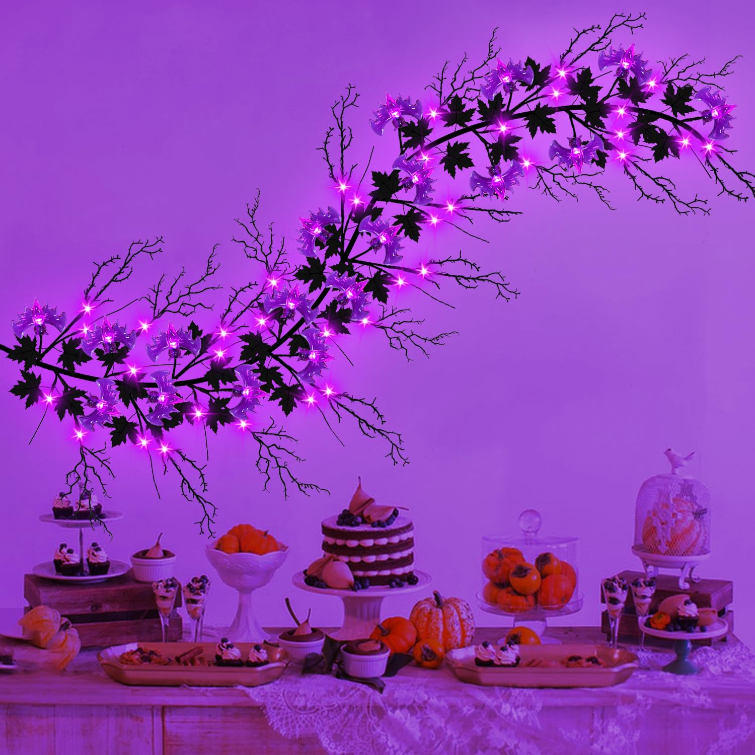 6Ft Halloween Willow Vine Lights Battery Operated Halloween Lights Purple Halloween Garland Decor with 18 Bats & 54 LED Bulbs, f