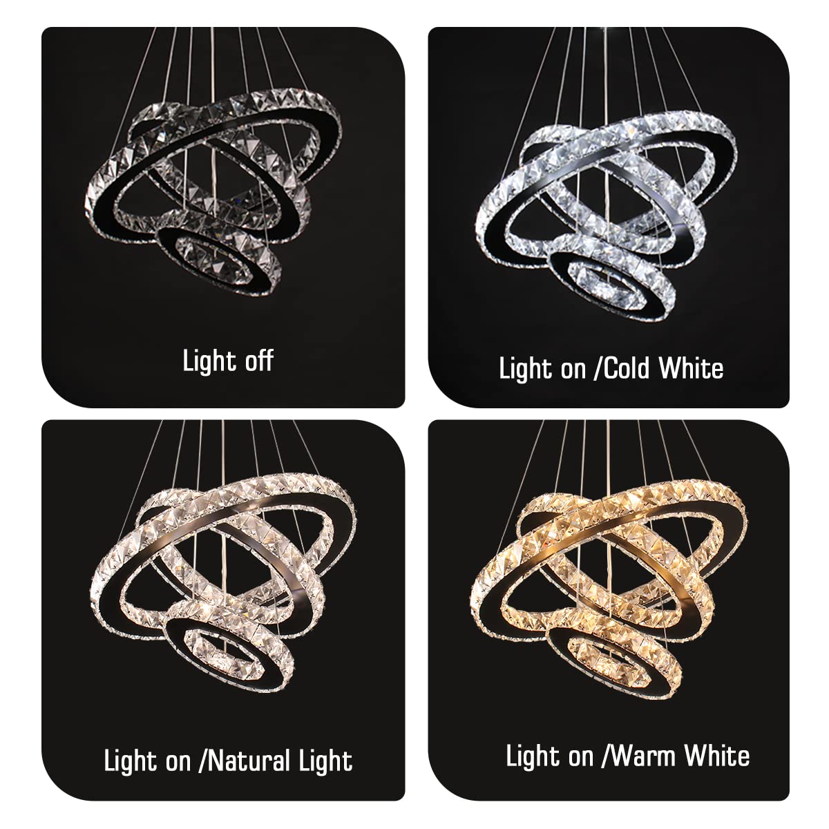 diisunbihuo Dimmable LED Crystal Chandelier 3 Rings Adjustable Height Black Pendant Light for Dining Room, Bedroom, Living Room