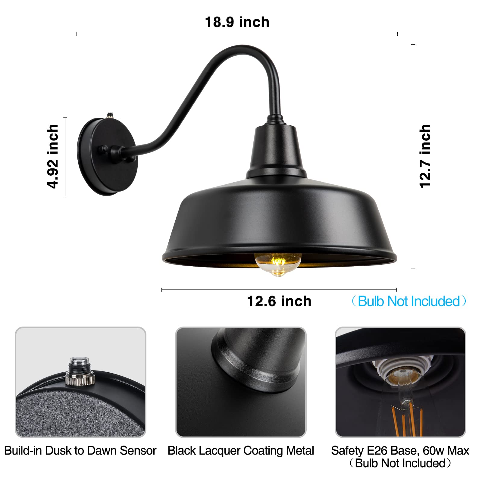 Metojia Gooseneck Barn-Lights Outdoor Fixture - 12.6 Inch Farm Style Black Large Lighting Farmhouse Exterior Sconce Wall Light F