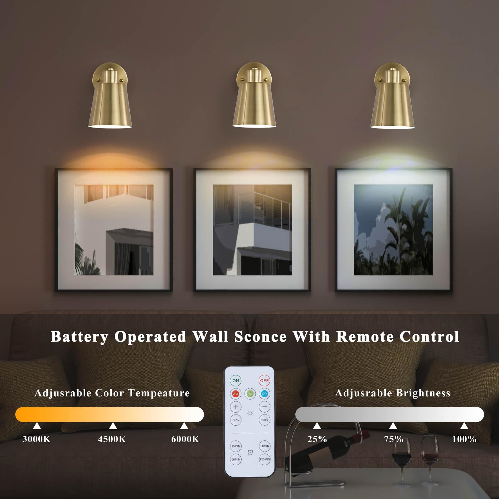 Hotran Battery Operated Wall Sconce Set Of Two,Gold Modern With Remote Control Dimmable Wall Lighting Indoor, Not Hardwired Led