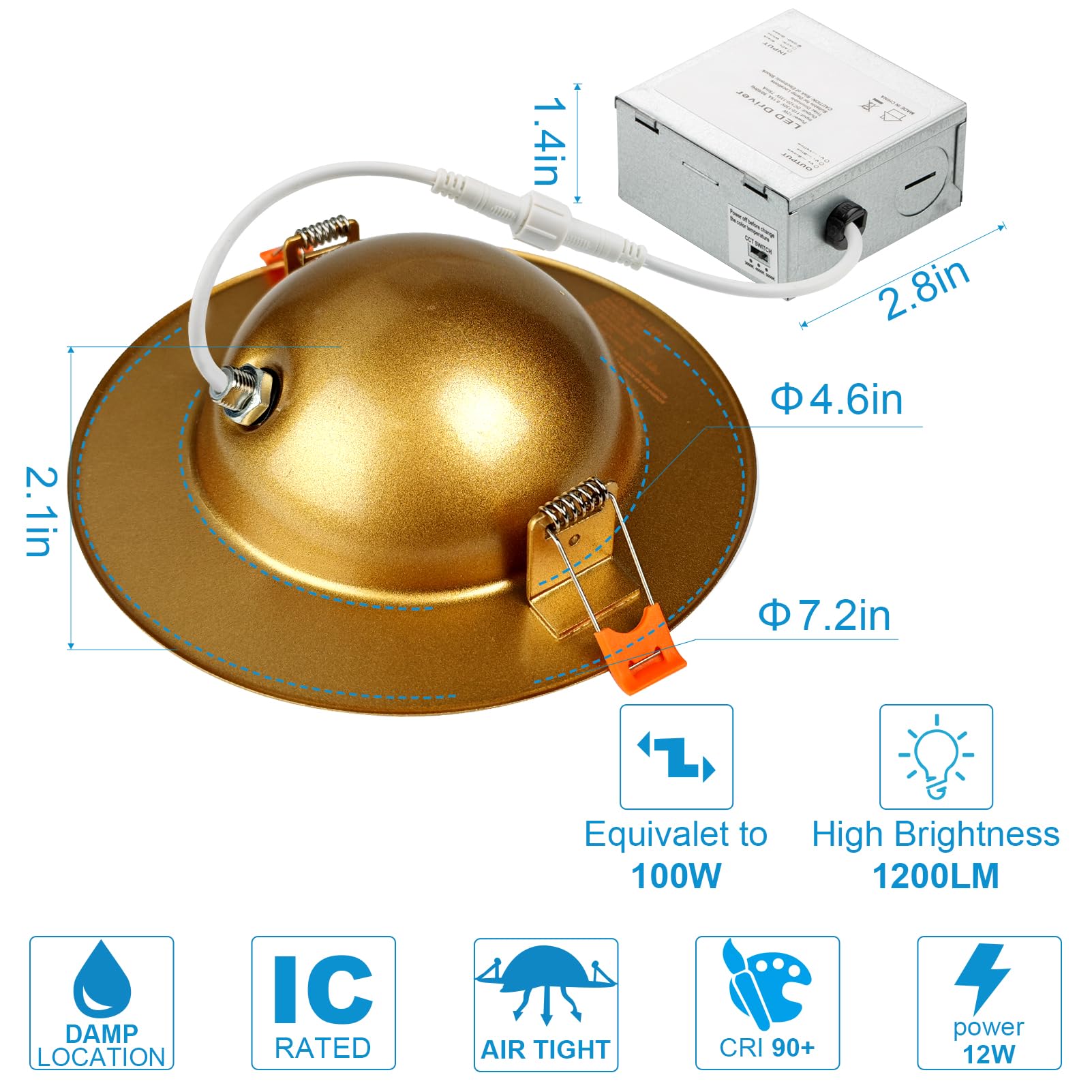 Lightdot 6 Pack 6 Inch Adjustable LED Gimbal Downlight, 1300LM Dimmable, Gold, ETL/FCC Certified, Ideal for Living Room/Kitchen