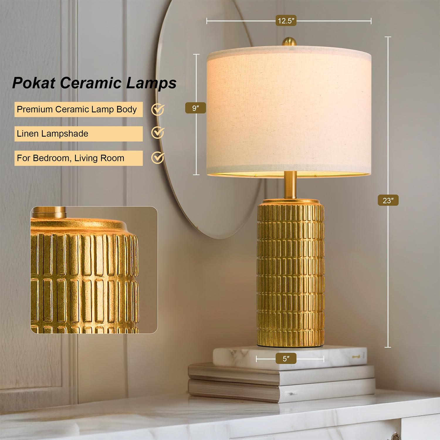 PoKat 23in Brass Gold Ceramic Table Lamp - Medium Vintage Decorative Home Decor - Model AMZ-T1102GL