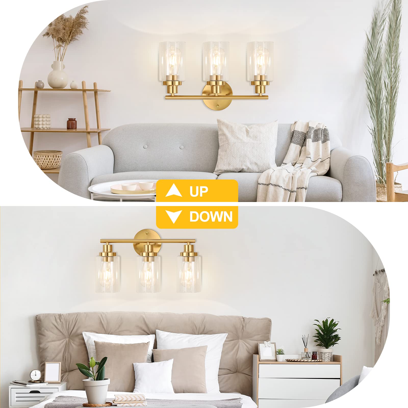 Apenath Brushed Brass 3-Light Bathroom Wall Sconce with Clear Glass Shade, Modern Farmhouse Style