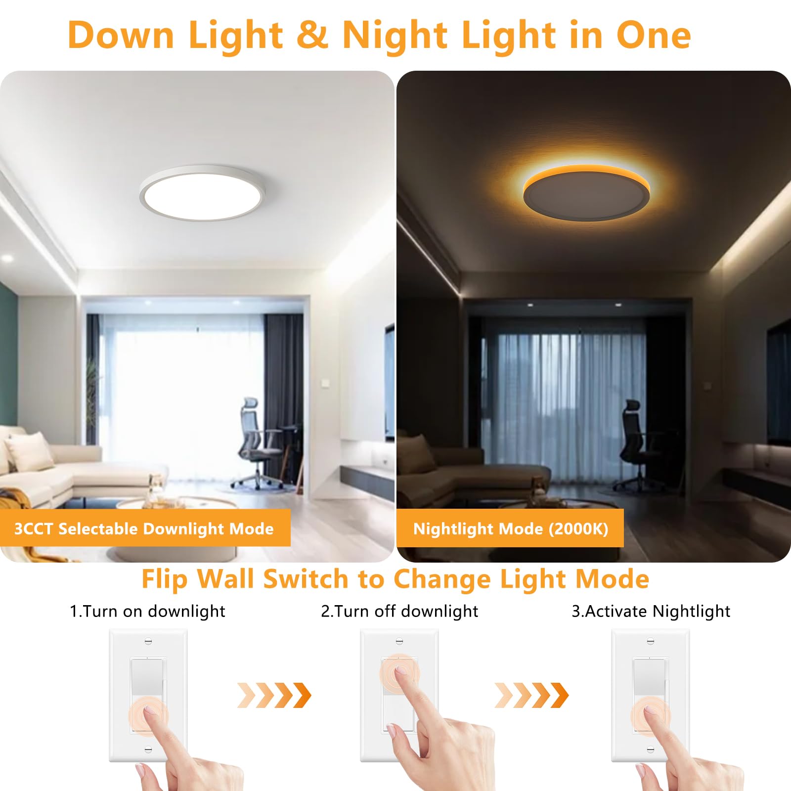 Yelioled Yeliold 12 Inch Led Flush Mount Ceiling Light Fixture With Night Light, 24W 2400Lm, 3000K/4000K/5000K 3Cct Selectable,