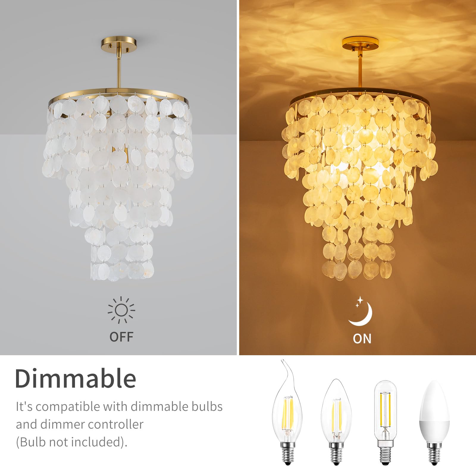 LumFurn 4-Lights Capiz Shell Chandelier, Adjustable Pendant Light Fixture, Gold Frame, D17.7 x H27.5~59", Modern Design for Dining Room & Living Room