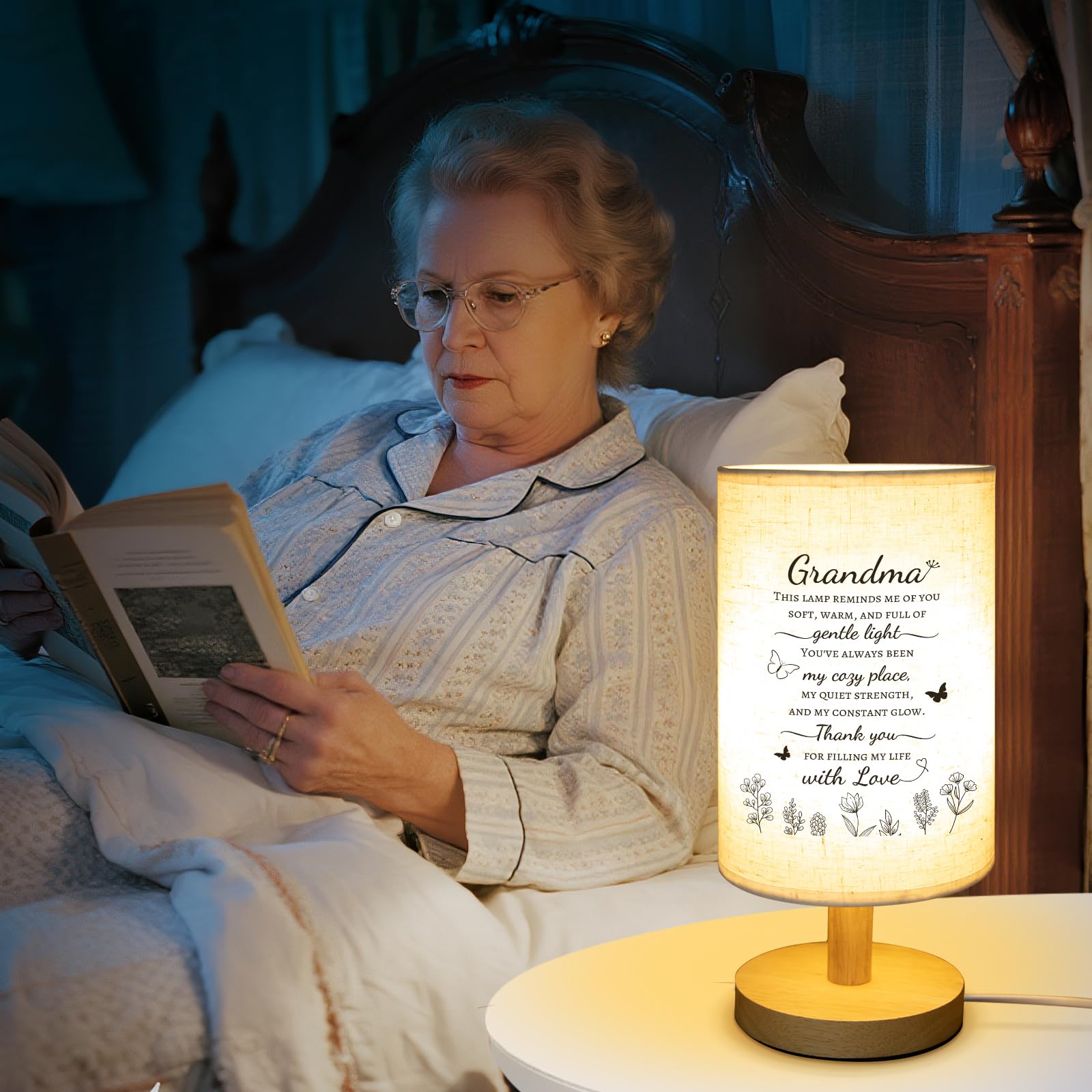 Calibron Fabric Table Lamp for Grandma - White, Wooden Stand, Model: Grandma