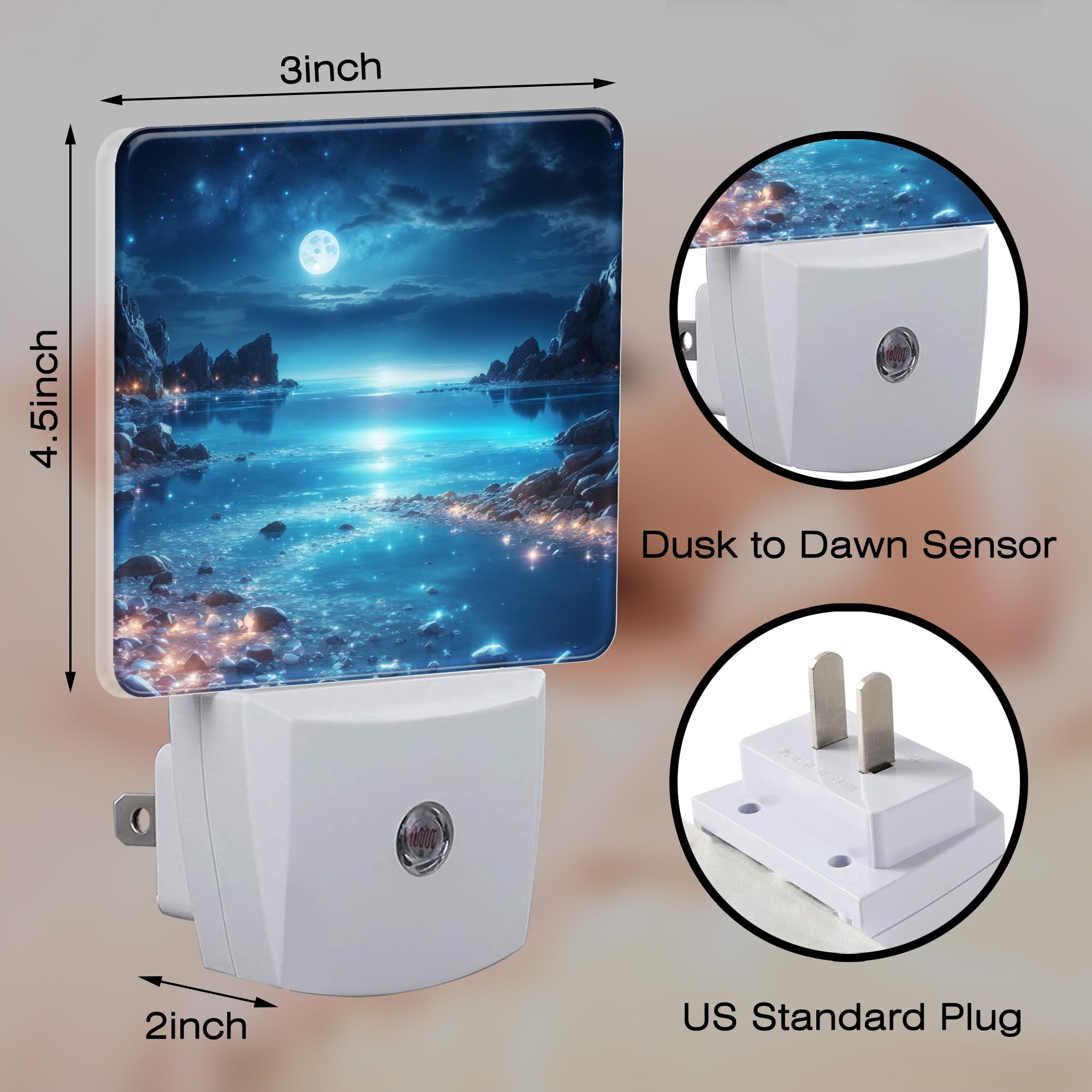 Full Moon And Sparkling Lake Night Light Plug Into Wall, Magical Beach Dusk To Dawn Night Light, 0.5W Energy Saving Sleep Friend