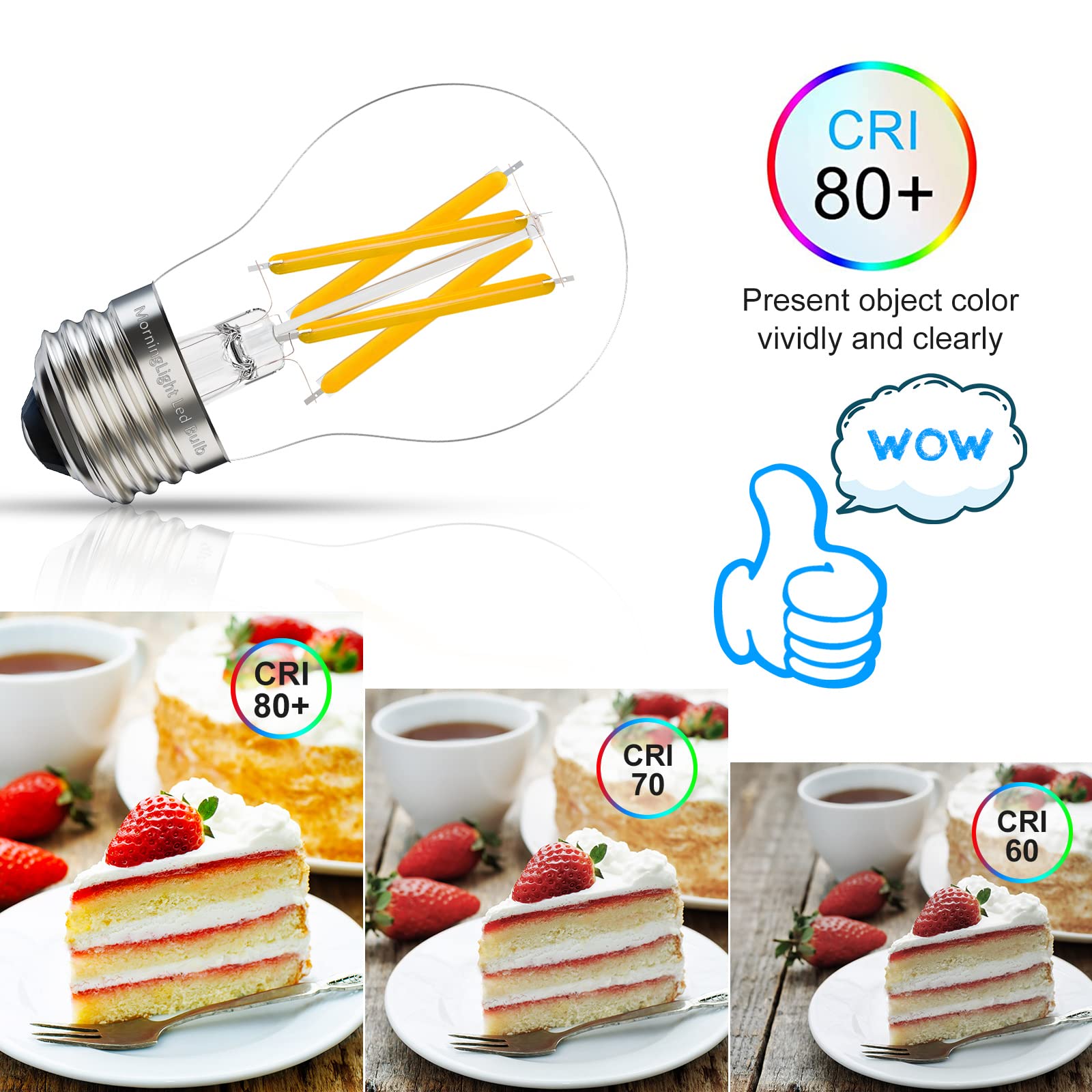 Morninglight A15 E26 Led Light Bulb 60 Watt, 2700K Warm White Dimmable Led Light Edison Bulbs 60 Watt, 6 Pack A15 7W Clear Antiq